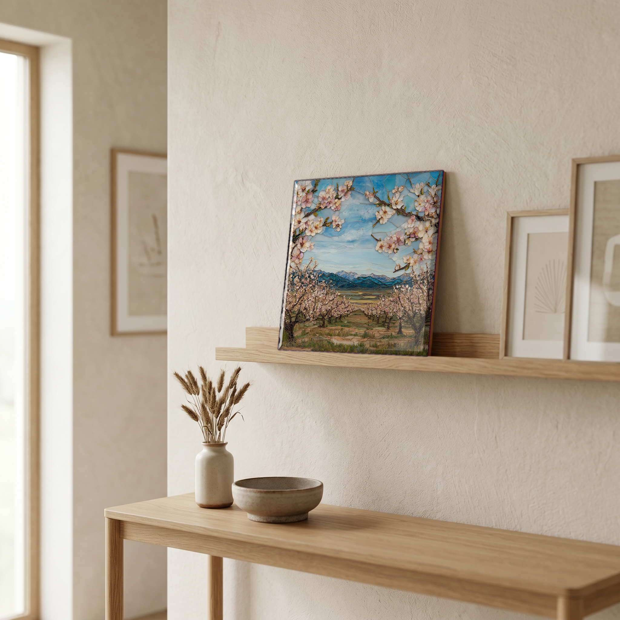 On a picture ledge, where the light comes in.