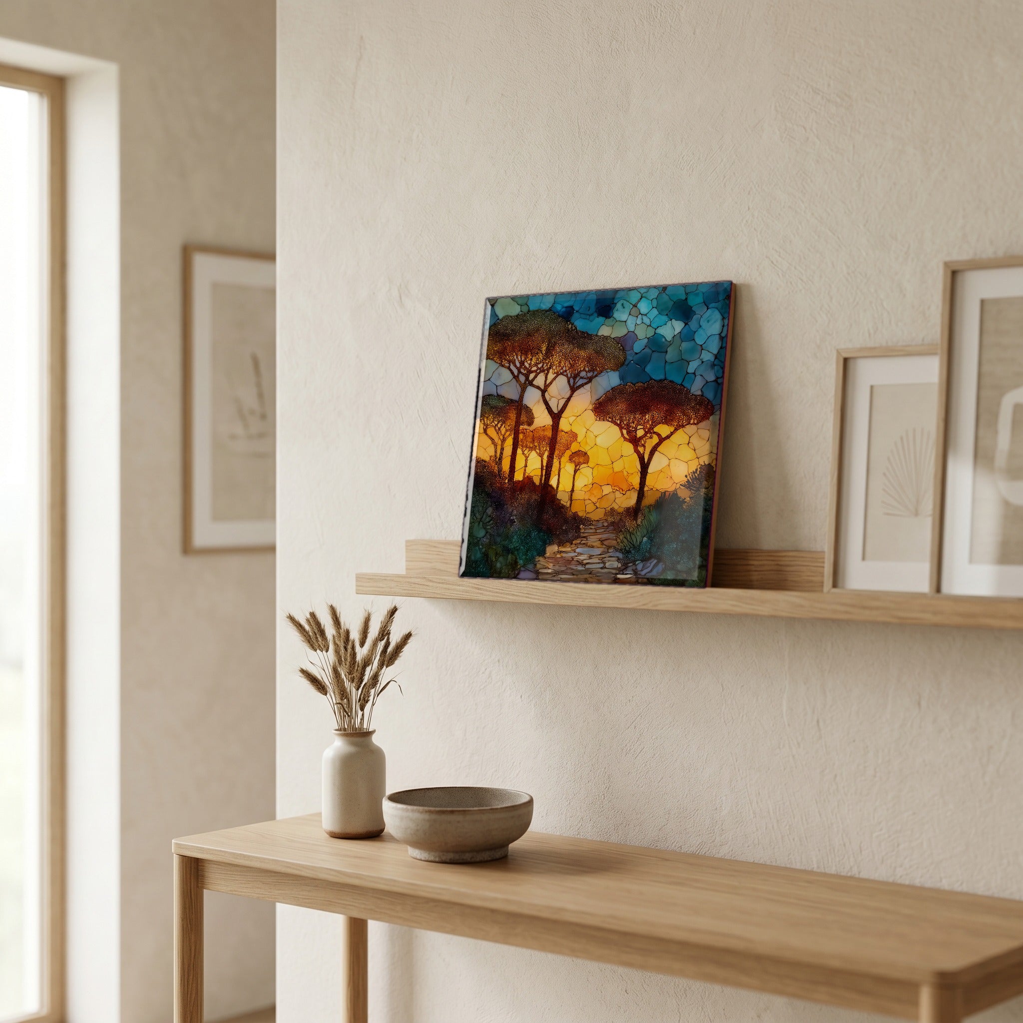 On a picture ledge, where the light comes in.