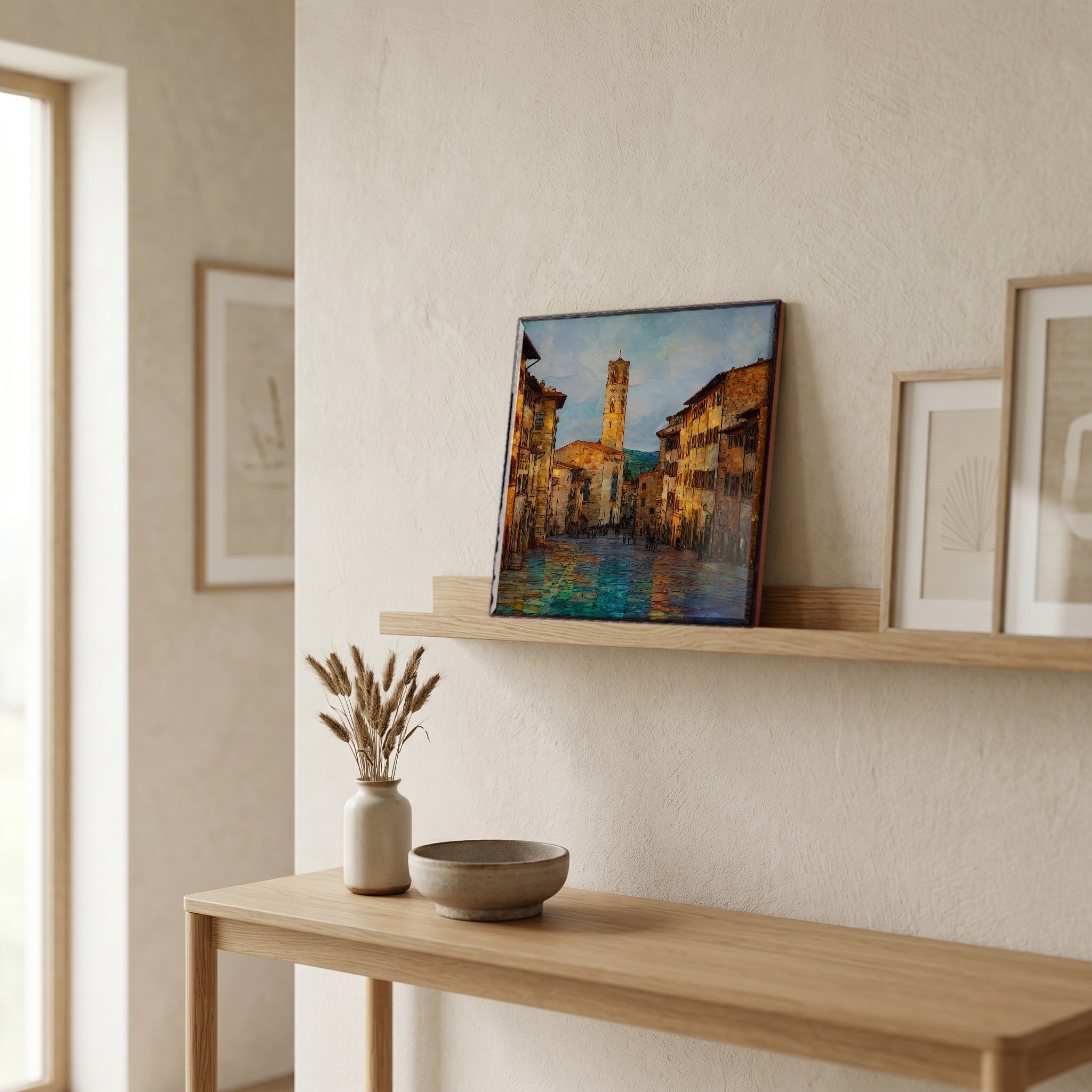 On a picture ledge, where the light comes in.
