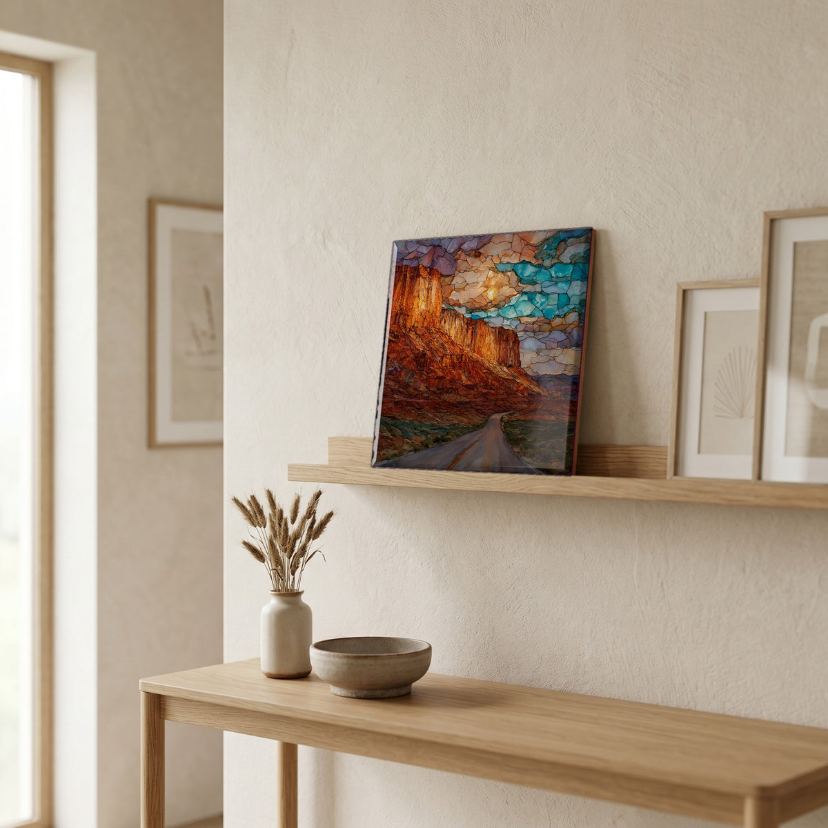 In the entryway, first thing you see.