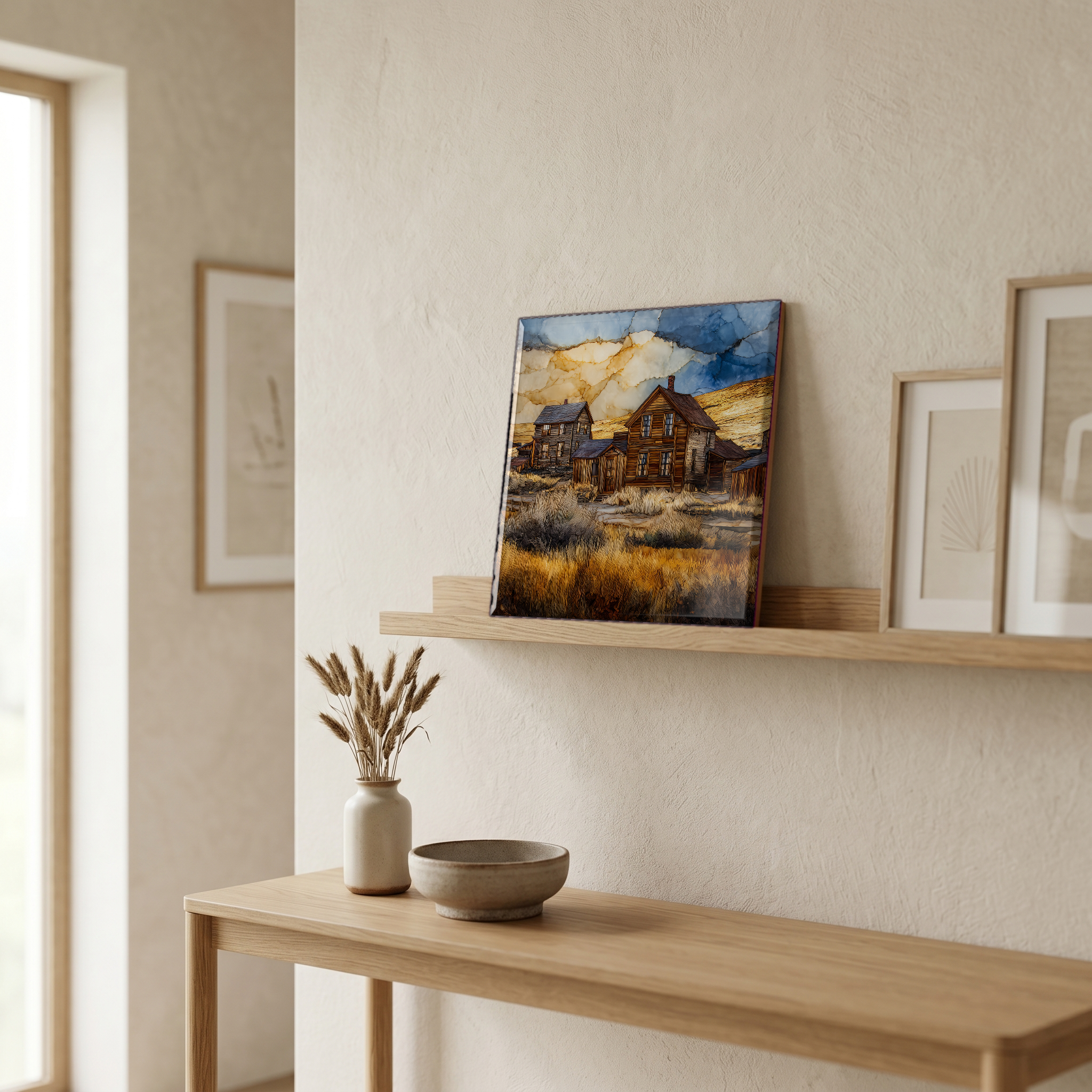 On a picture ledge, where the light comes in.