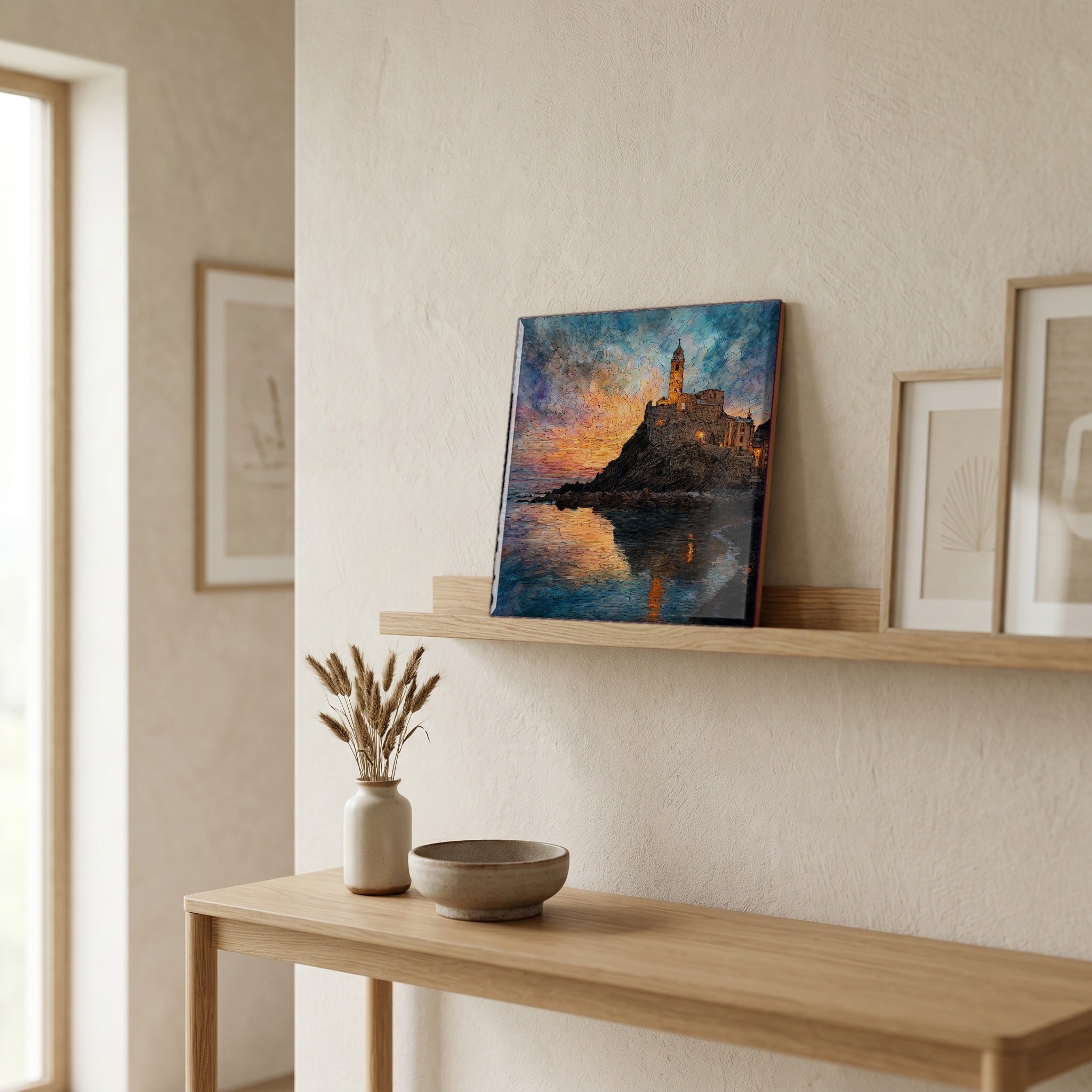 On a picture ledge, where the light comes in.