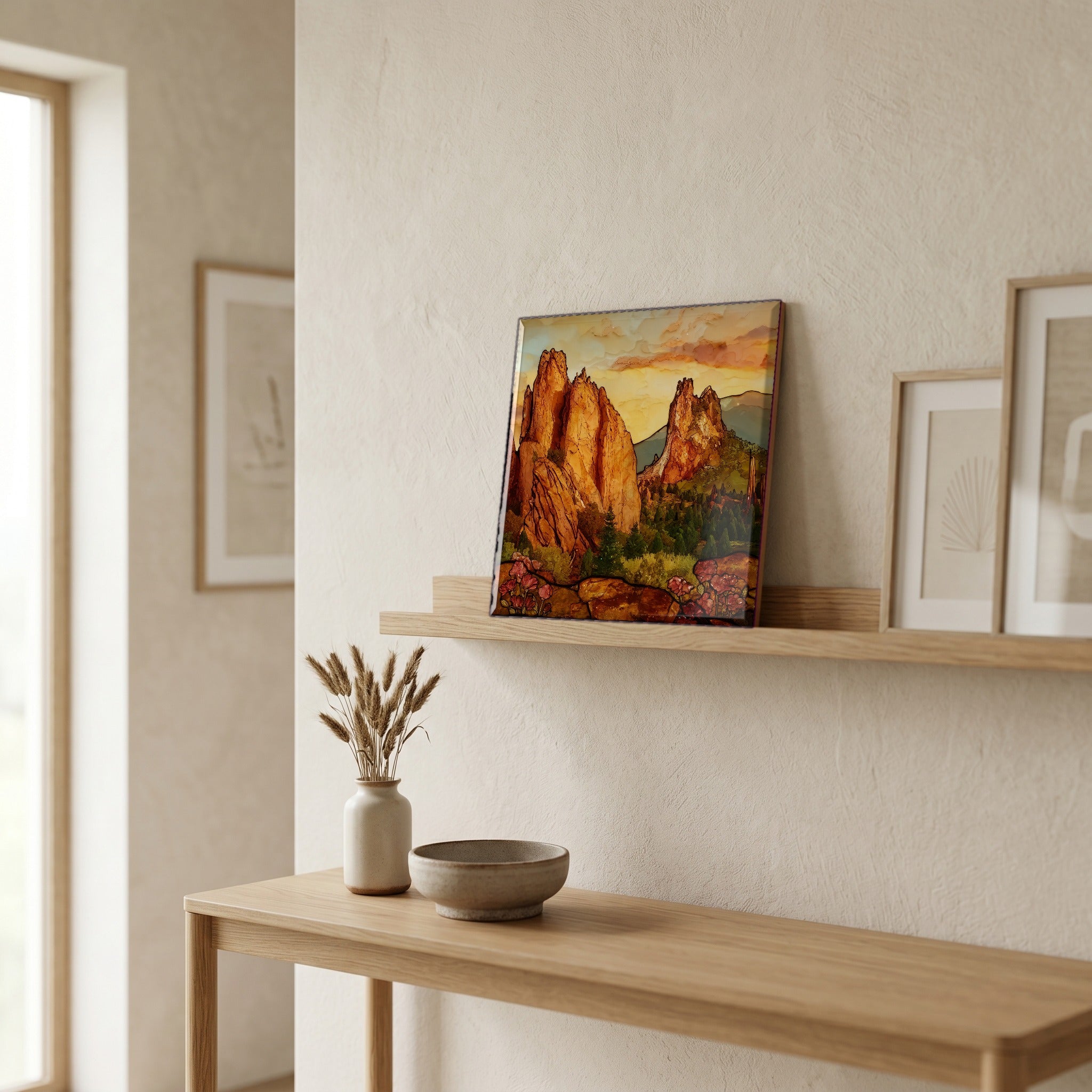 On a picture ledge, where the light comes in.