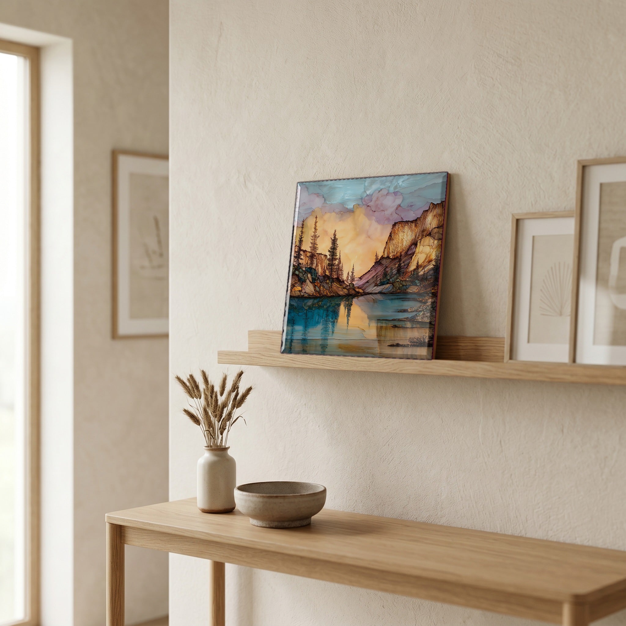 On a picture ledge, where the light comes in.