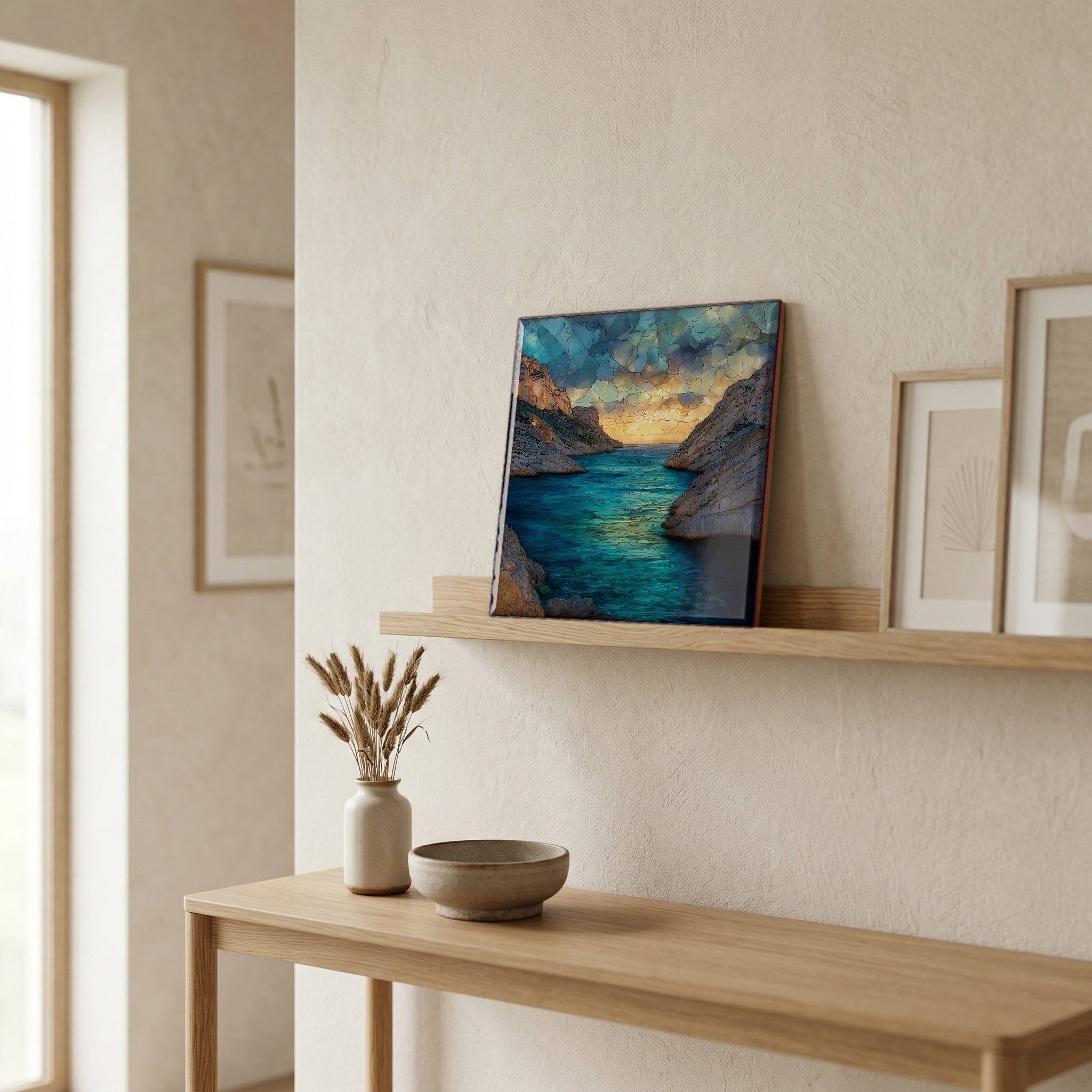 On a picture ledge, where the light comes in.