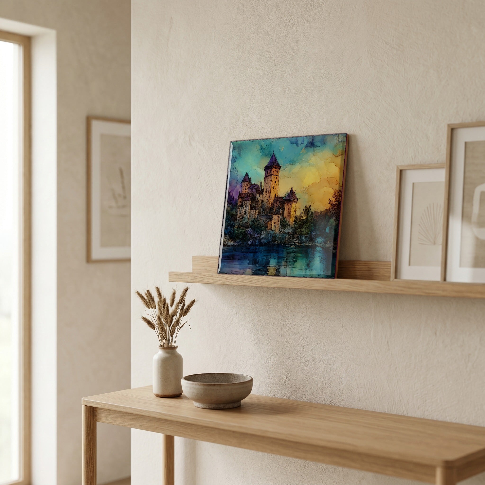 On a picture ledge, where the light comes in.