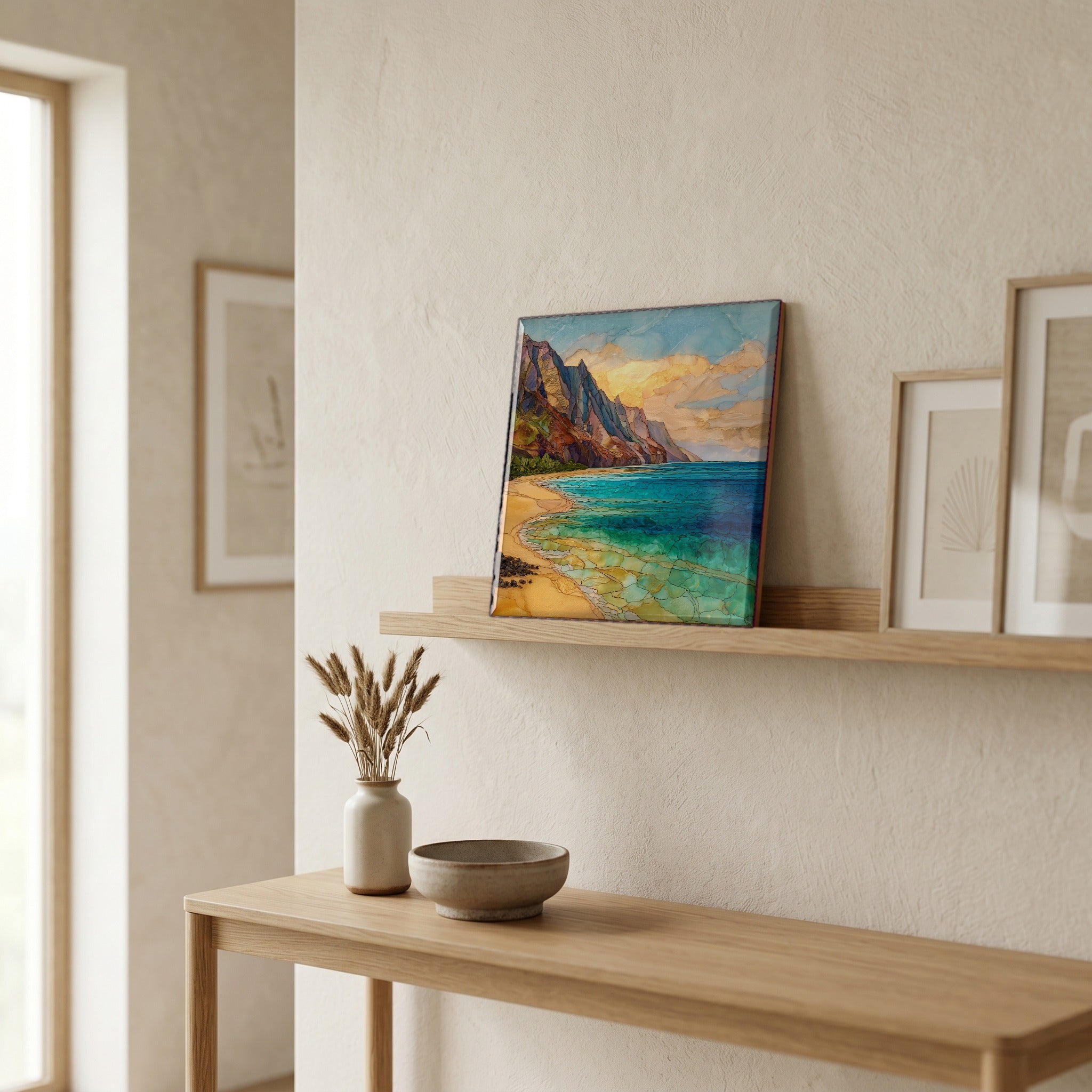 On a picture ledge, where the light comes in.