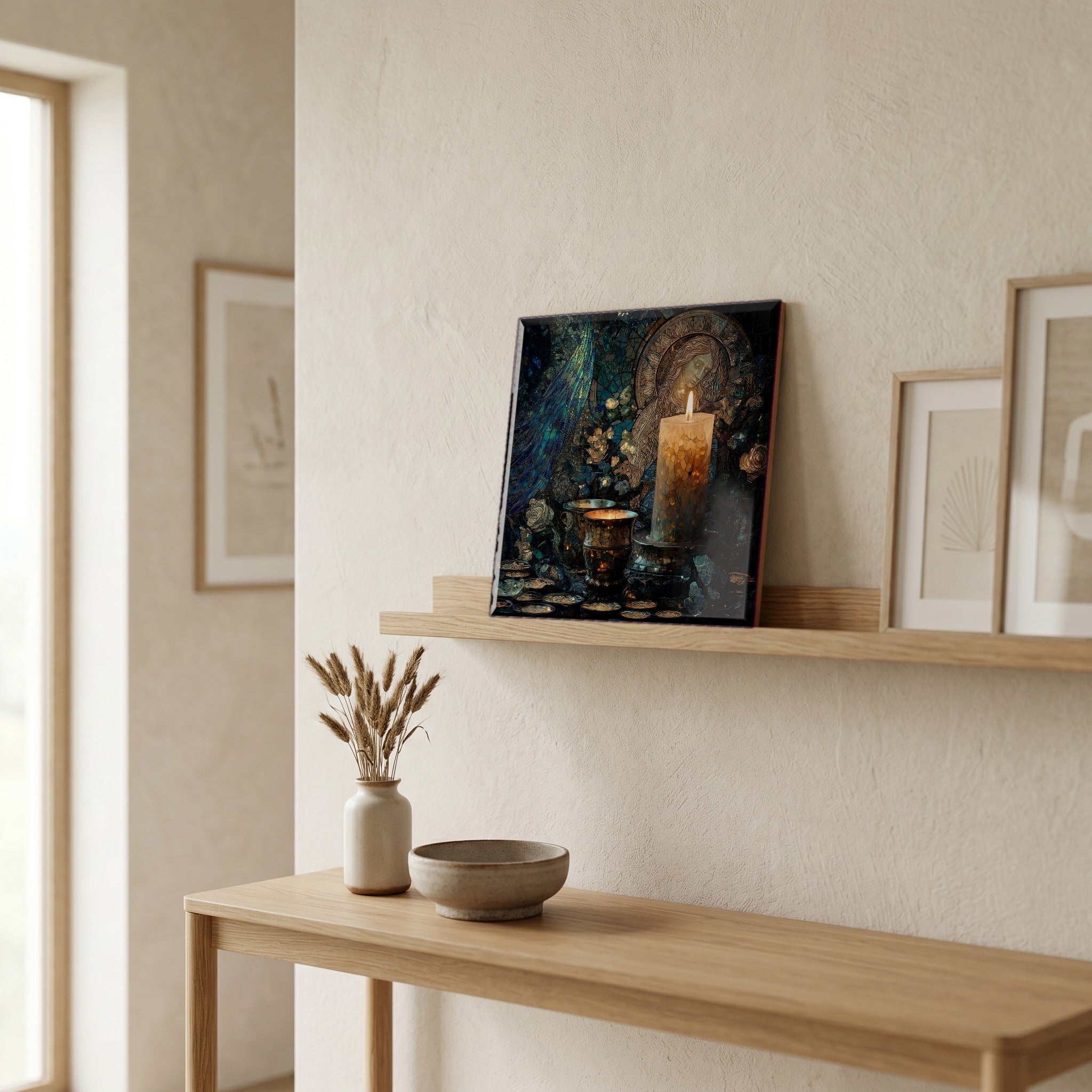 On a picture ledge, where the light comes in.