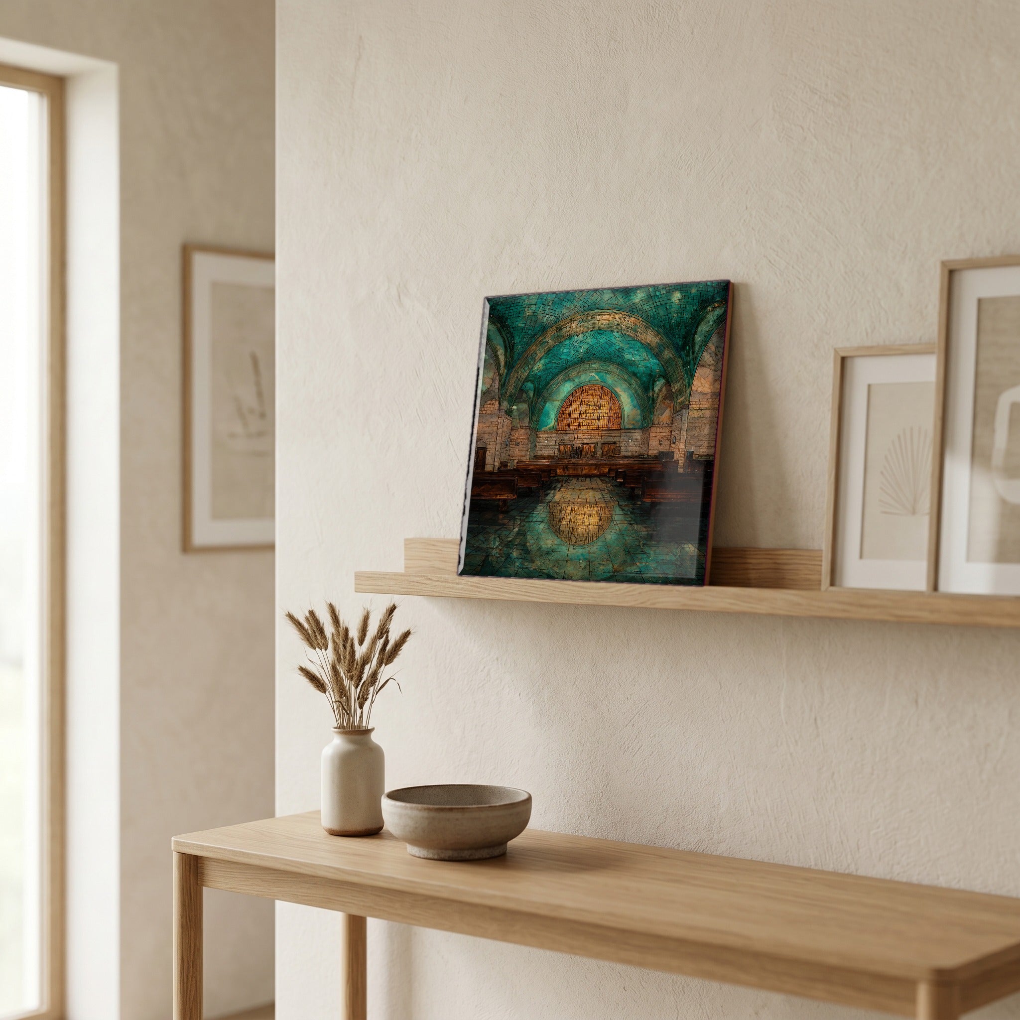 In the entryway, first thing you see.