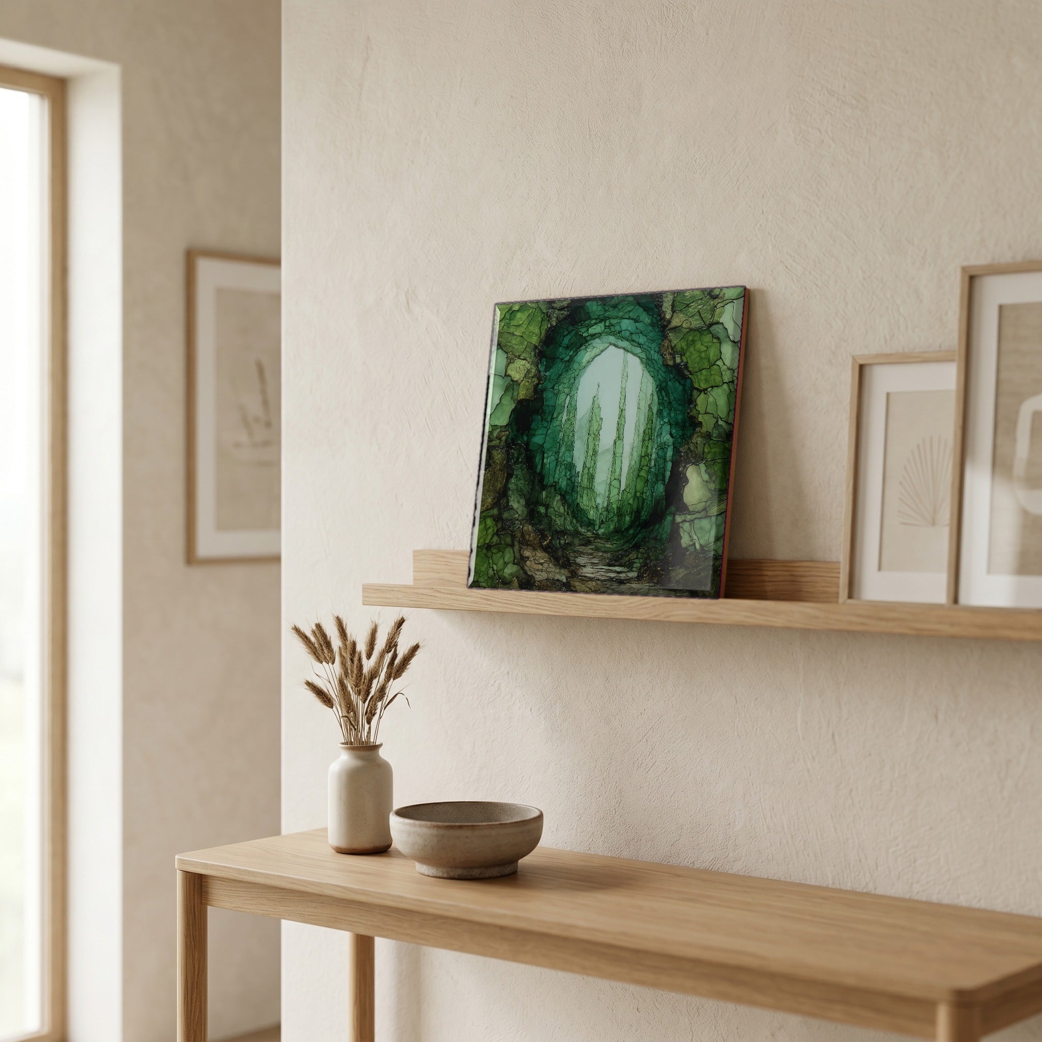 On a picture ledge, where the light comes in.
