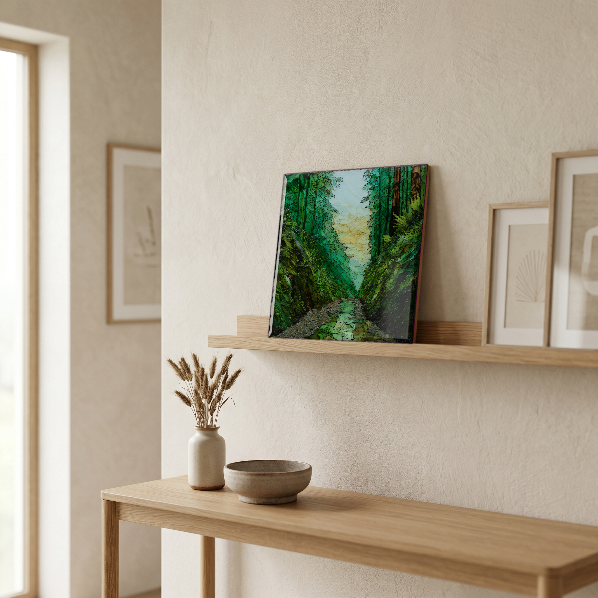 On a picture ledge, where the light comes in.