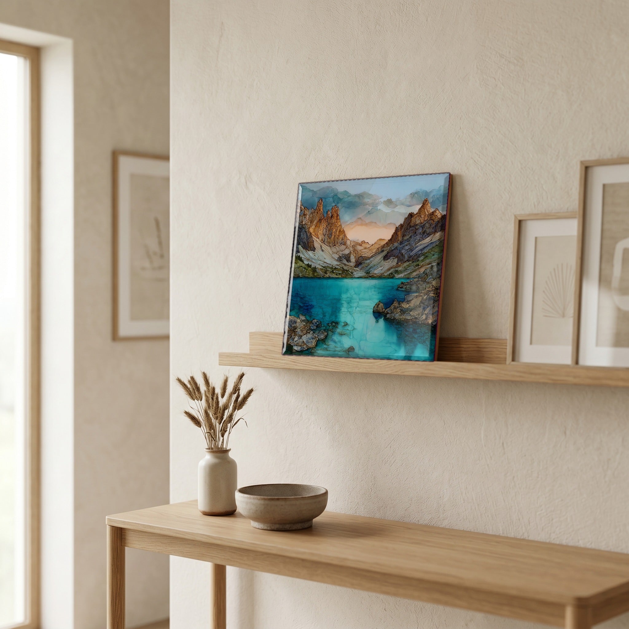 On a picture ledge, where the light comes in.
