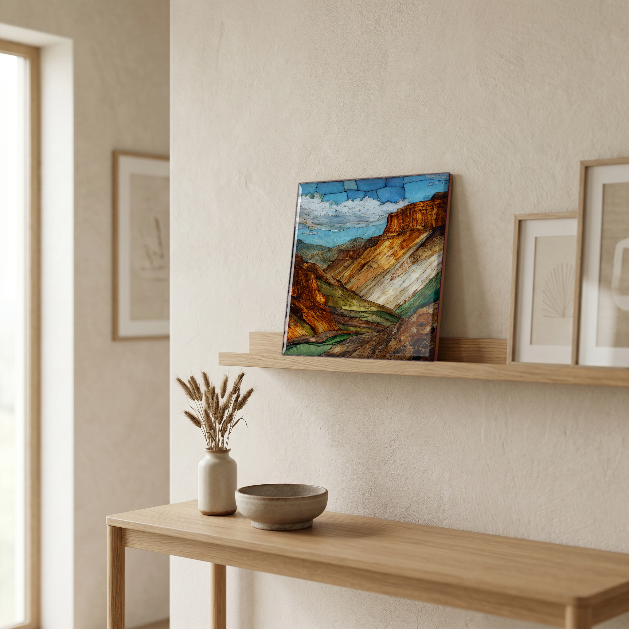 On a picture ledge, where the light comes in.