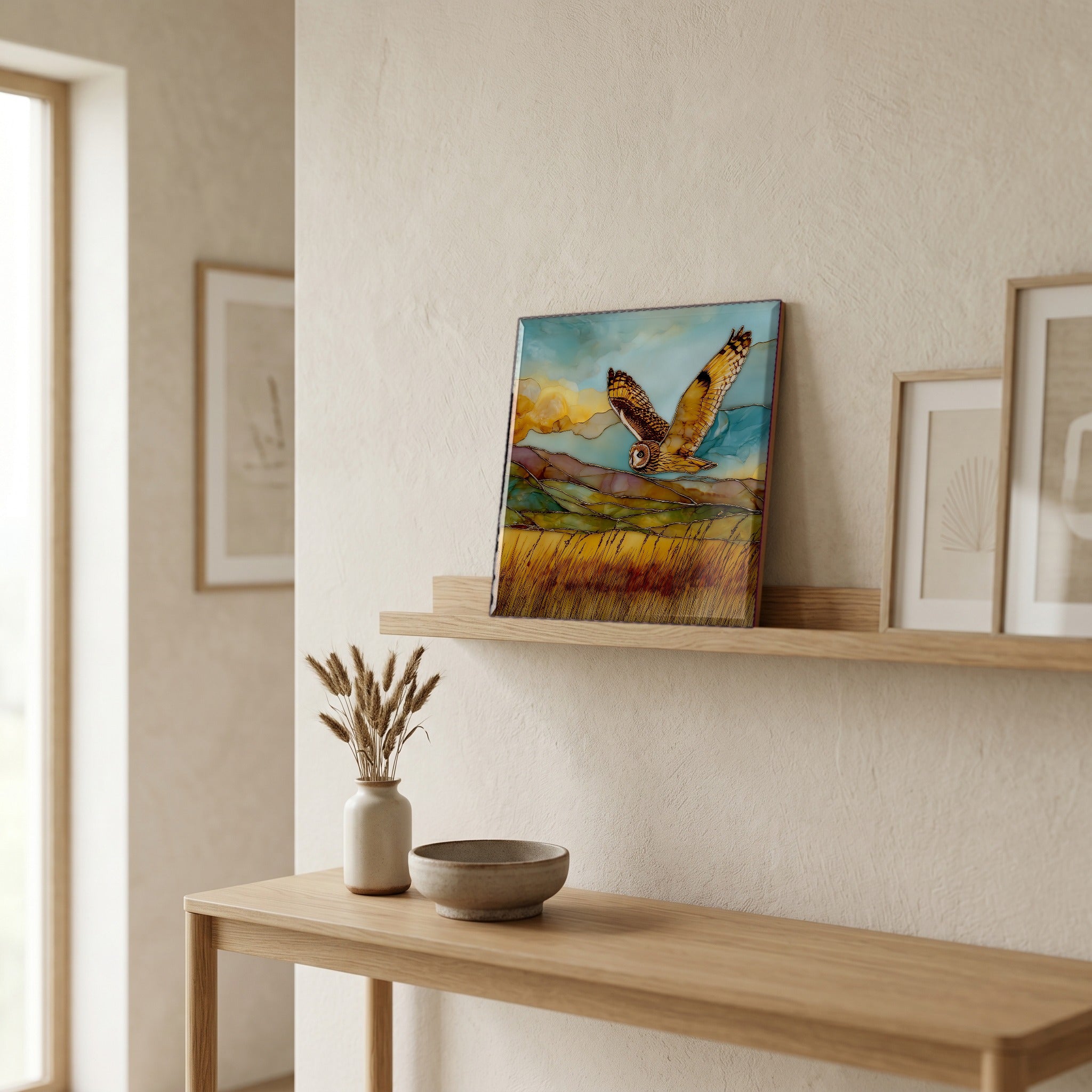On a picture ledge, where the light comes in.