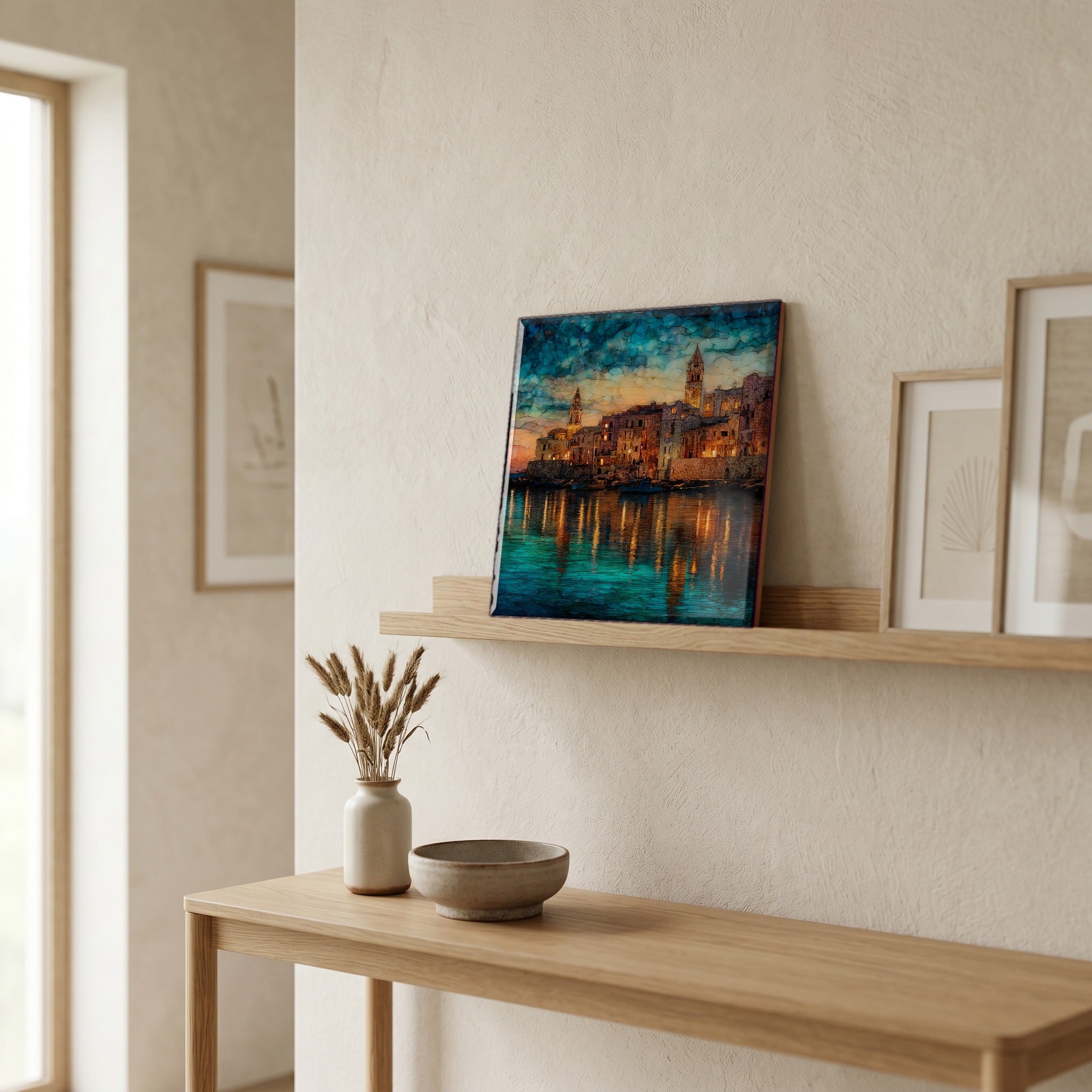 On a picture ledge, where the light comes in.