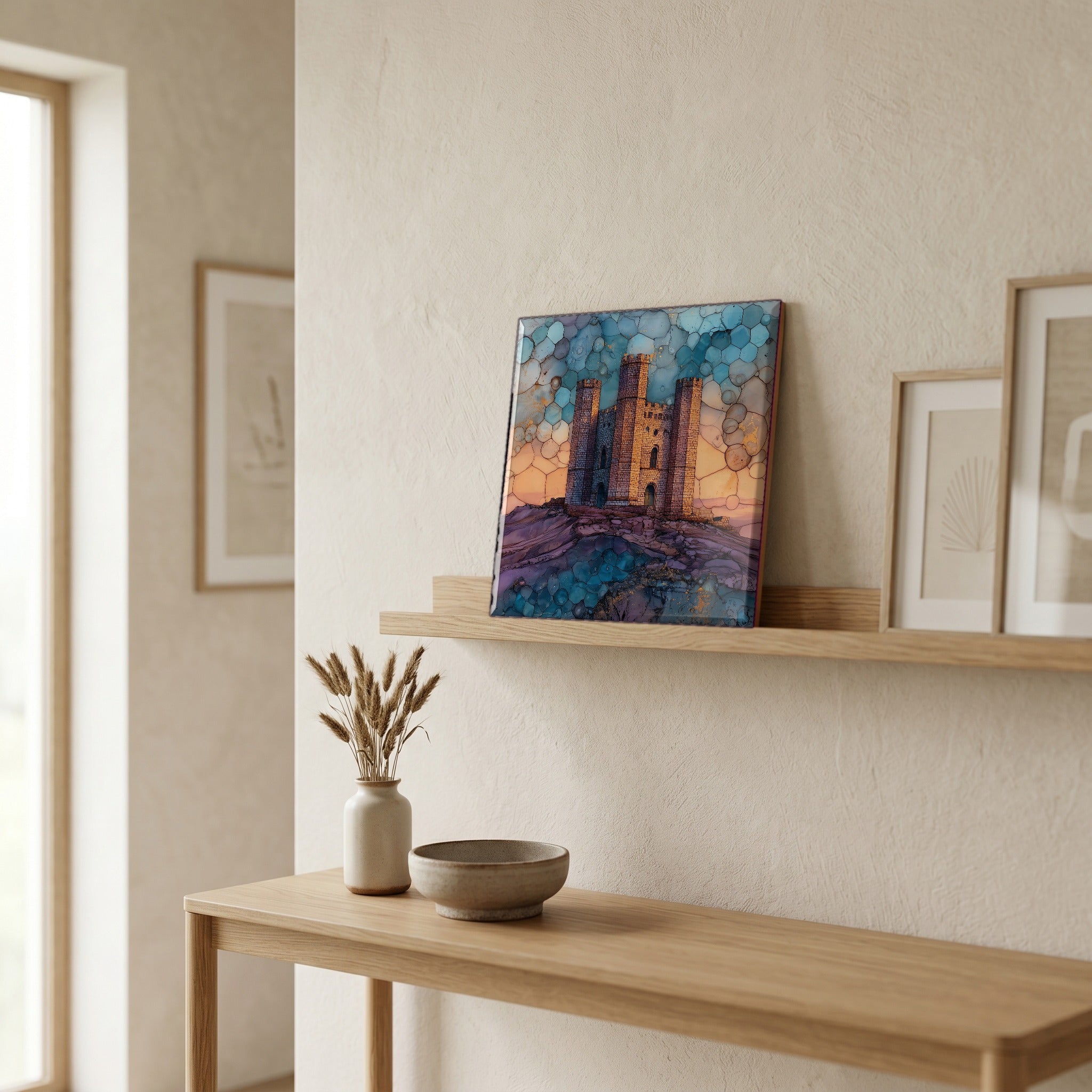 On a picture ledge, where the light comes in.