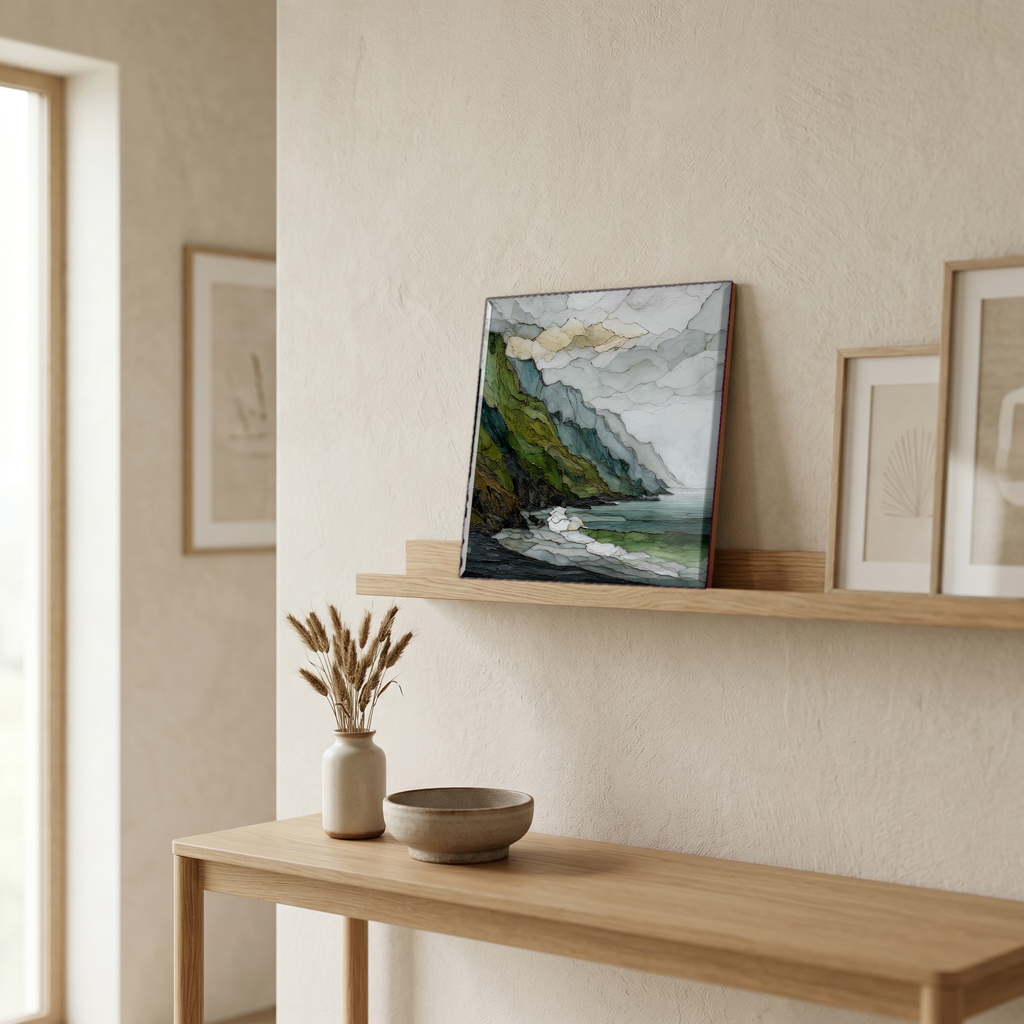On a picture ledge, where the light comes in.