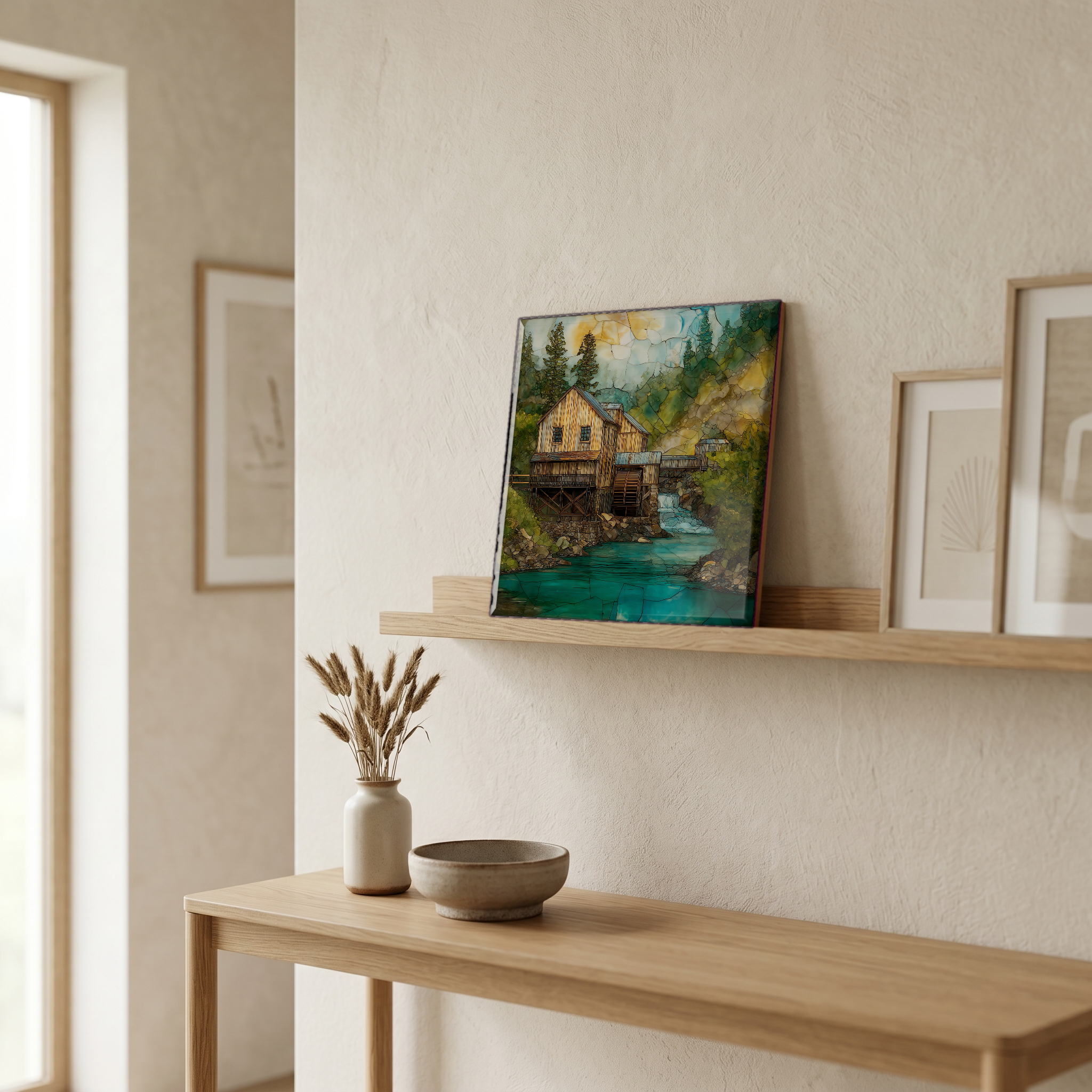 On a picture ledge, where the light comes in.