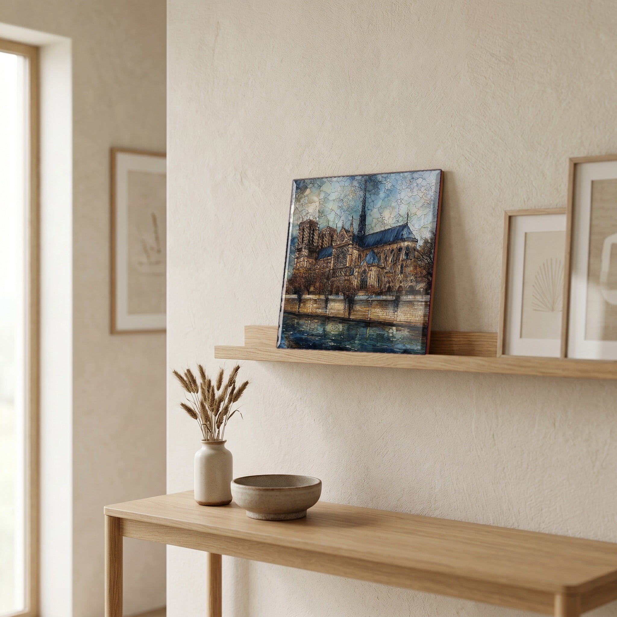 On a picture ledge, where the light comes in.