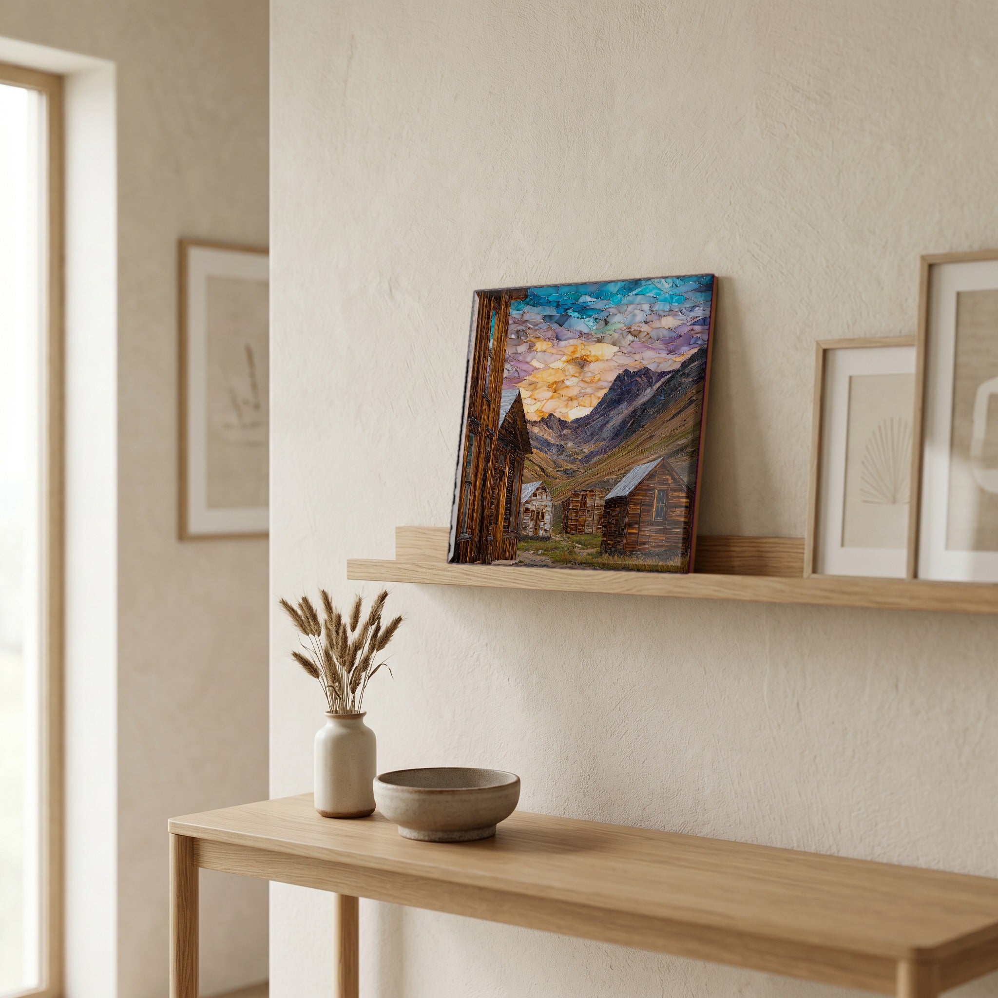 On a picture ledge, where the light comes in.