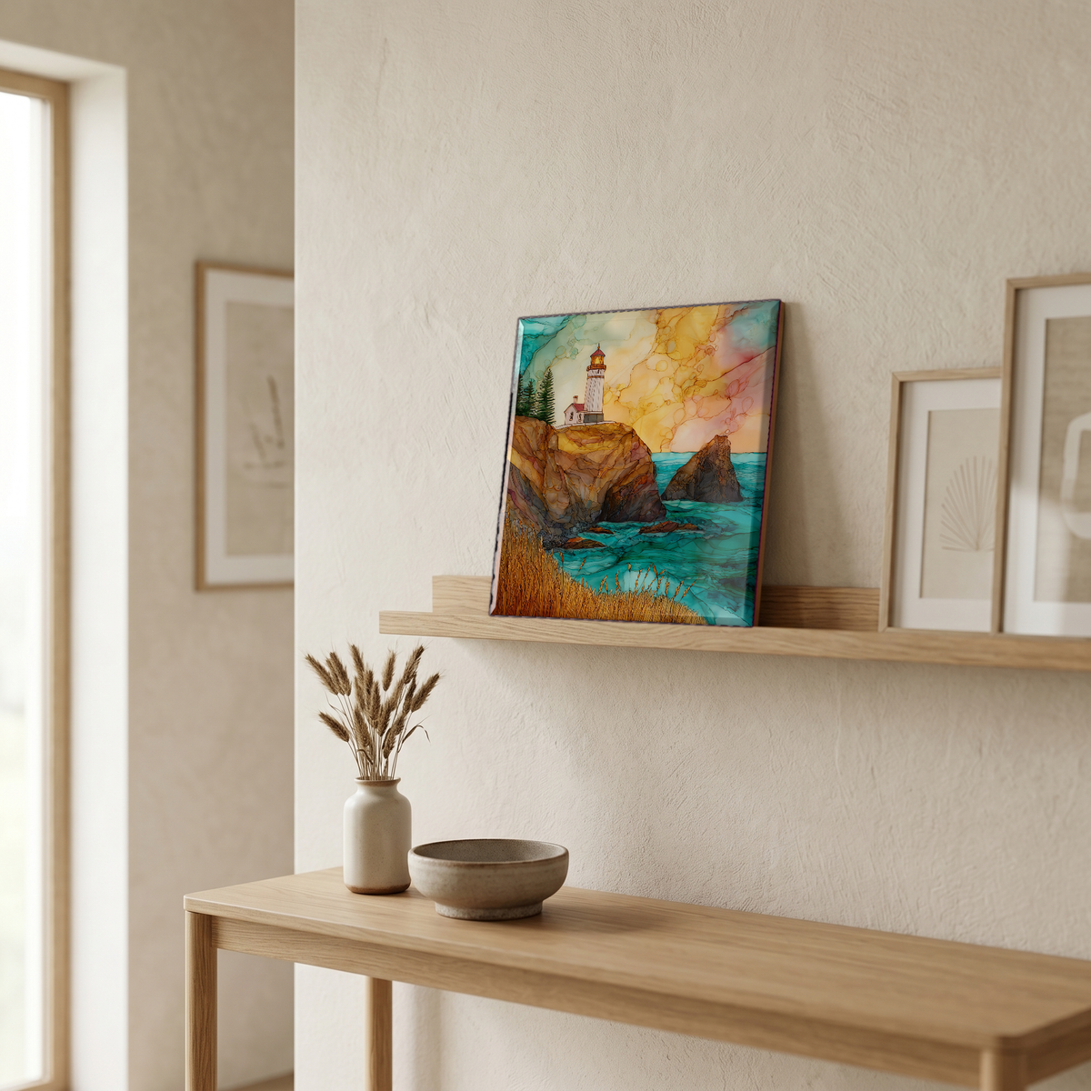 On a picture ledge, where the light comes in.