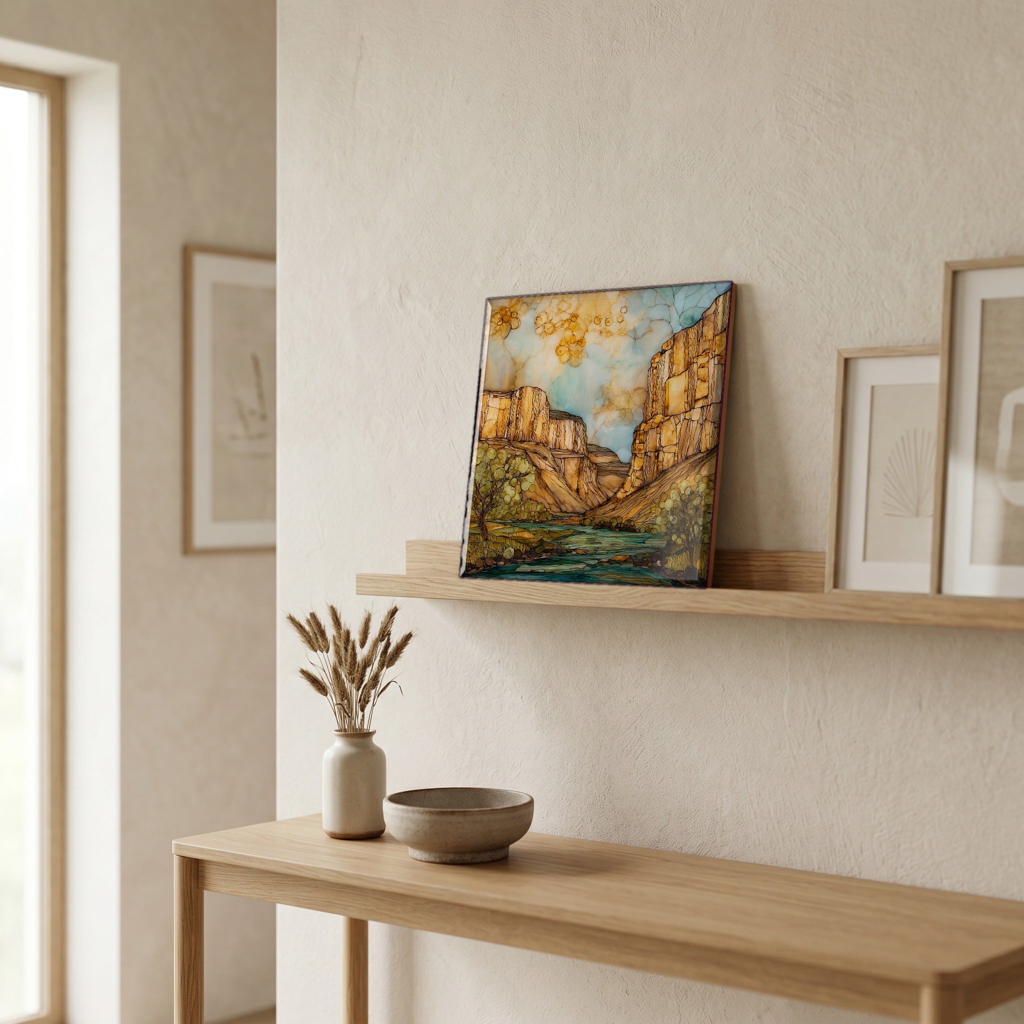 On a picture ledge, where the light comes in.