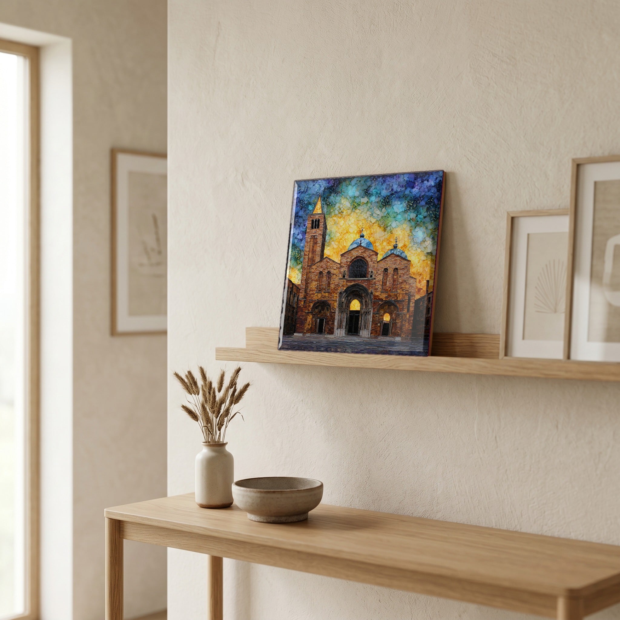 On a picture ledge, where the light comes in.