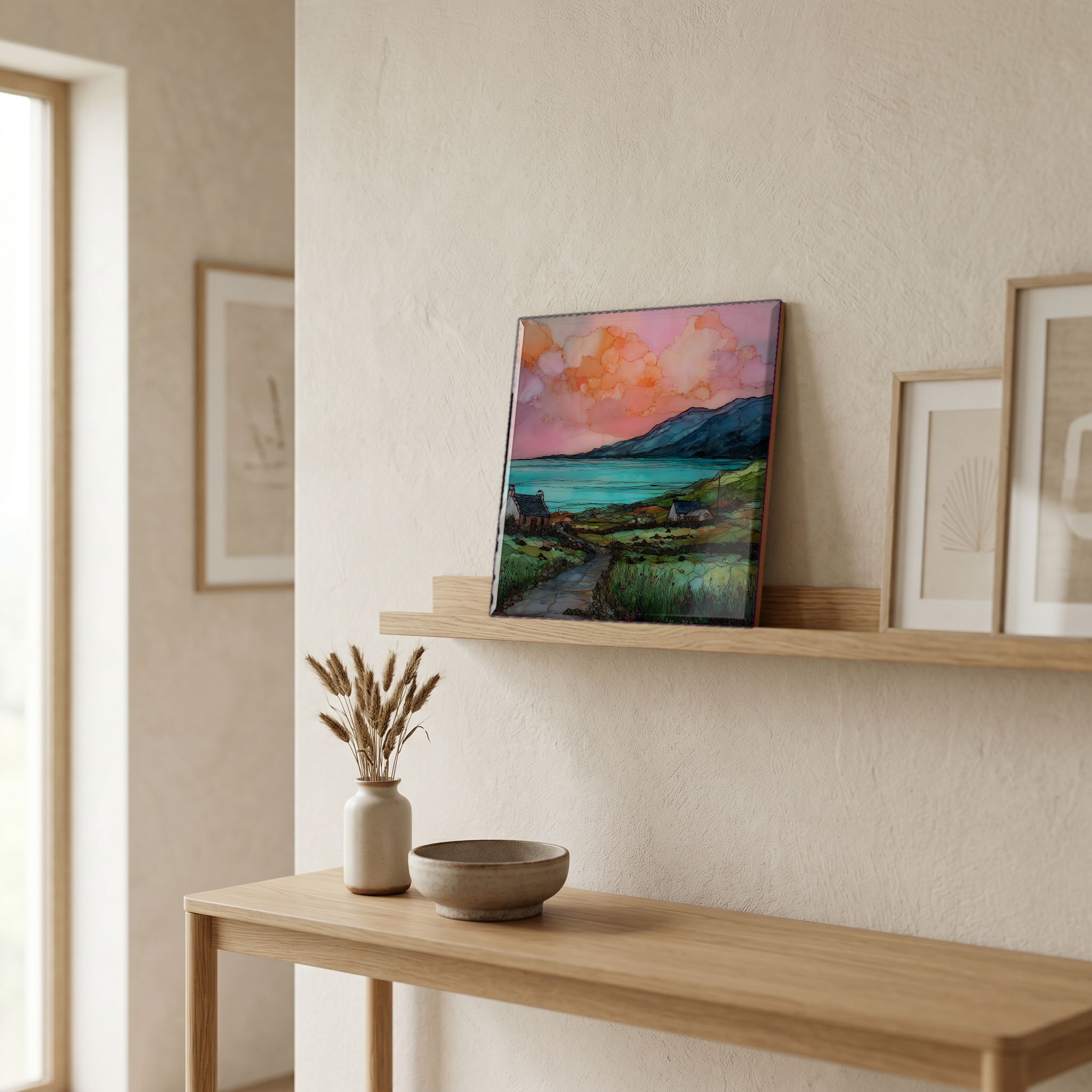 On a picture ledge, where the light comes in.
