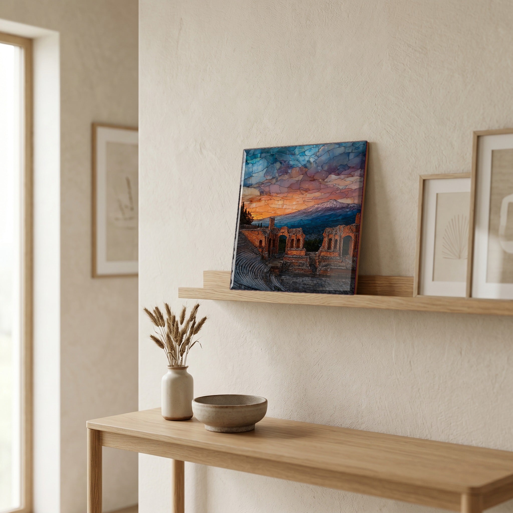 On a picture ledge, where the light comes in.