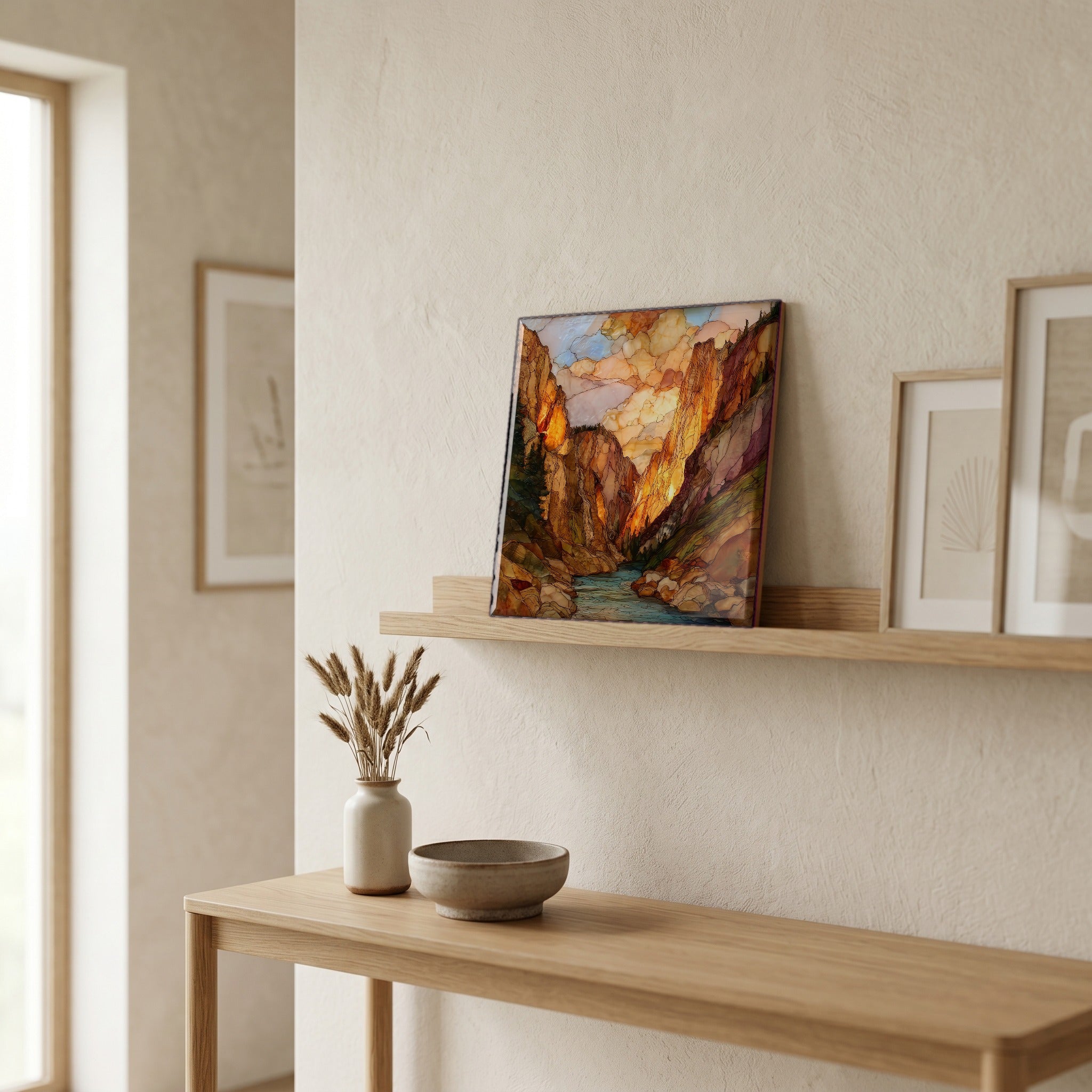 On a picture ledge, where the light comes in.