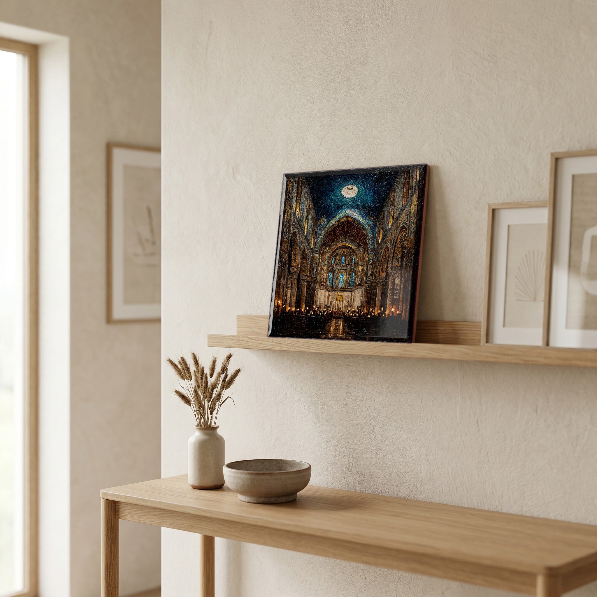On a picture ledge, where the light comes in.