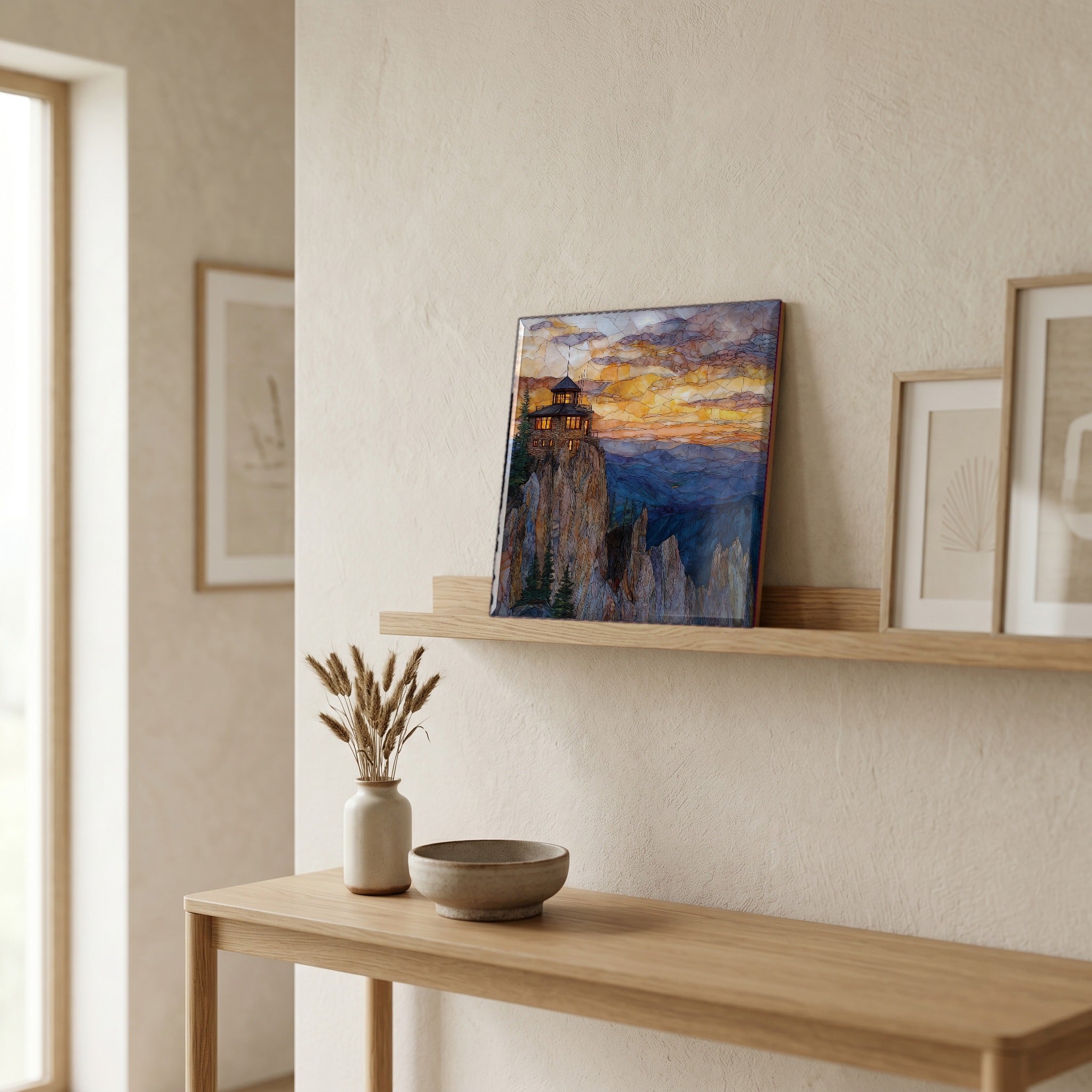 On a picture ledge, where the light comes in.