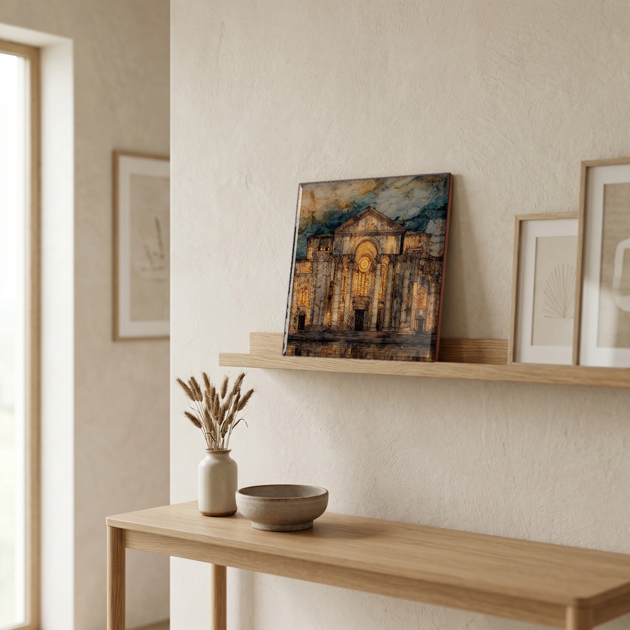 On a picture ledge, where the light comes in.