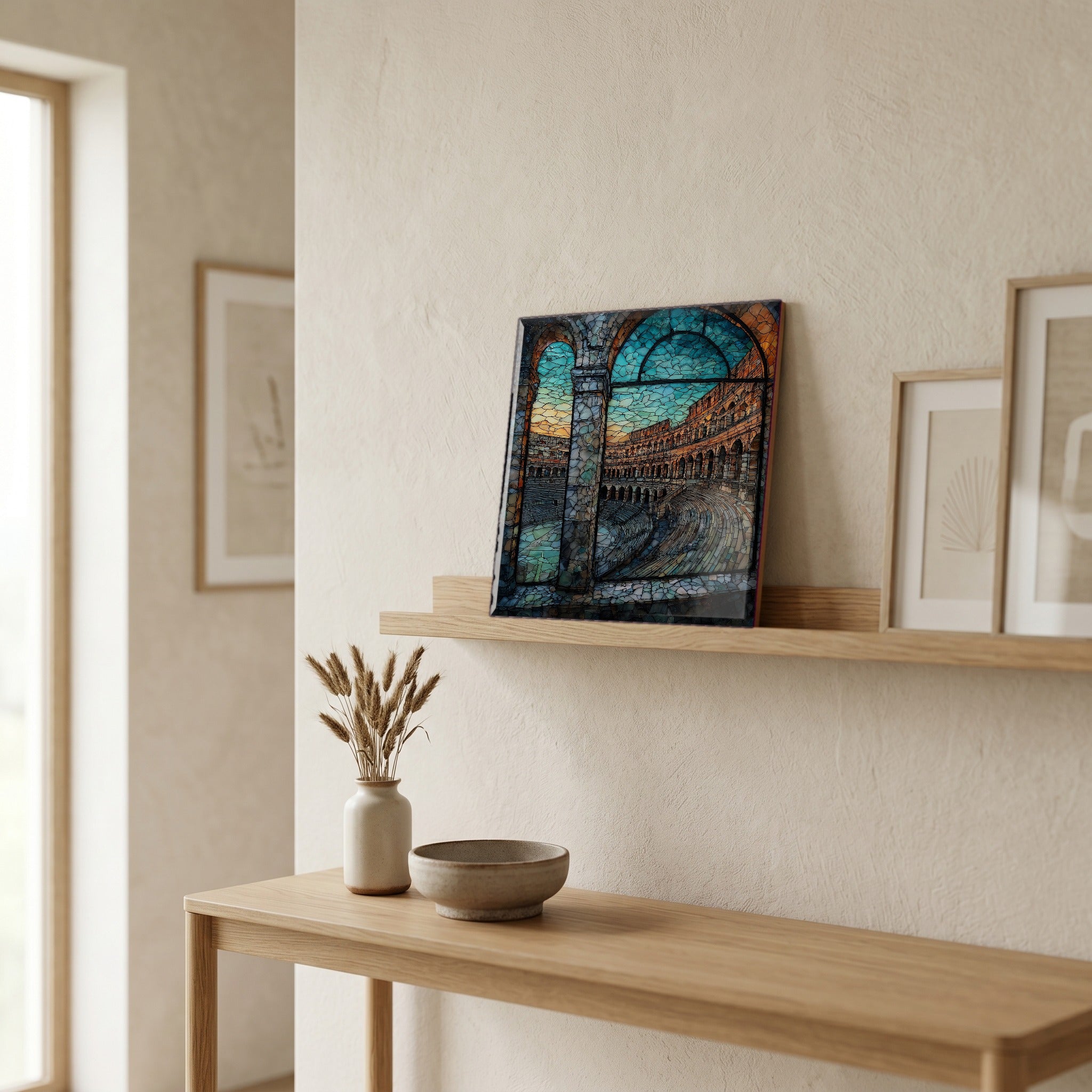 On a picture ledge, where the light comes in.