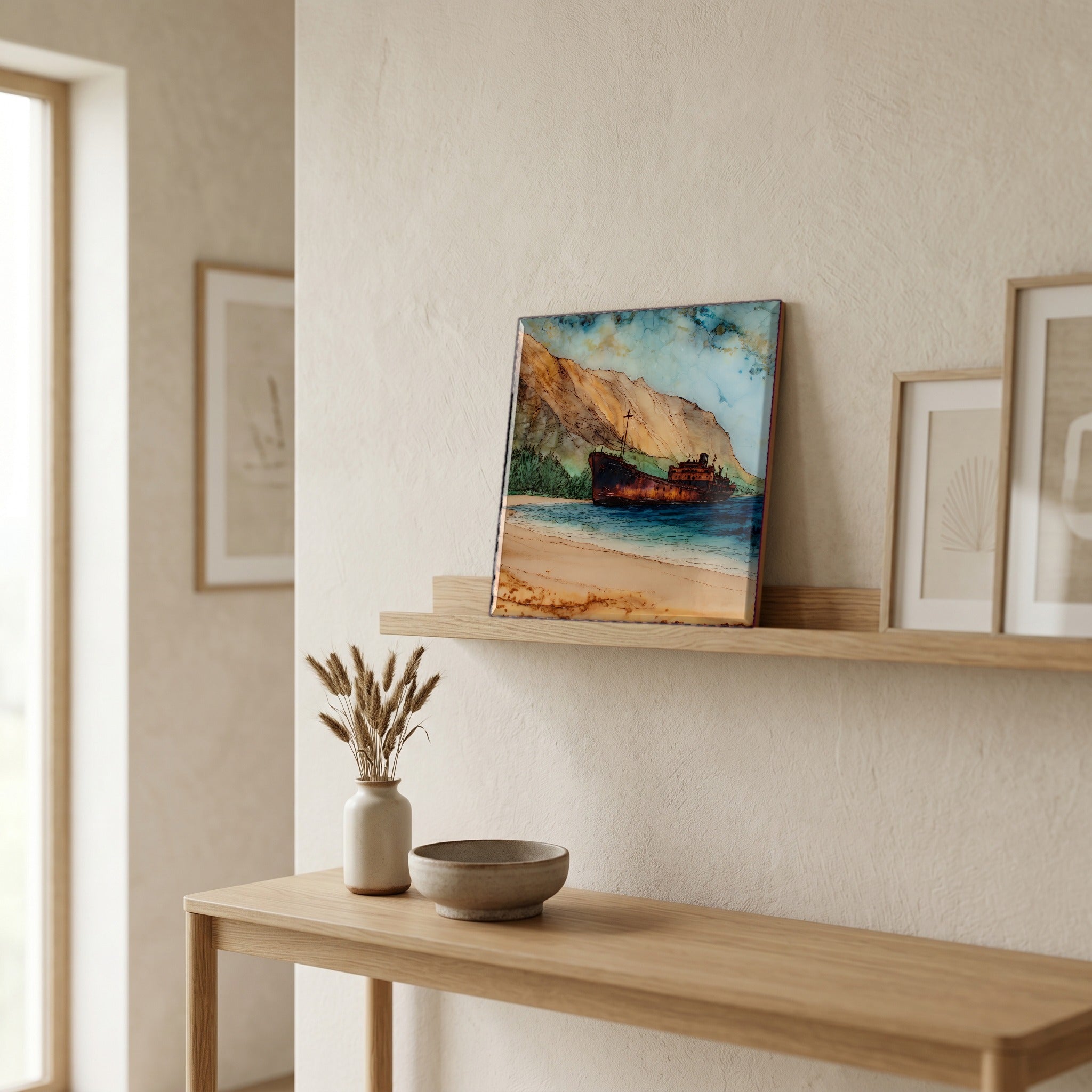 On a picture ledge, where the light comes in.