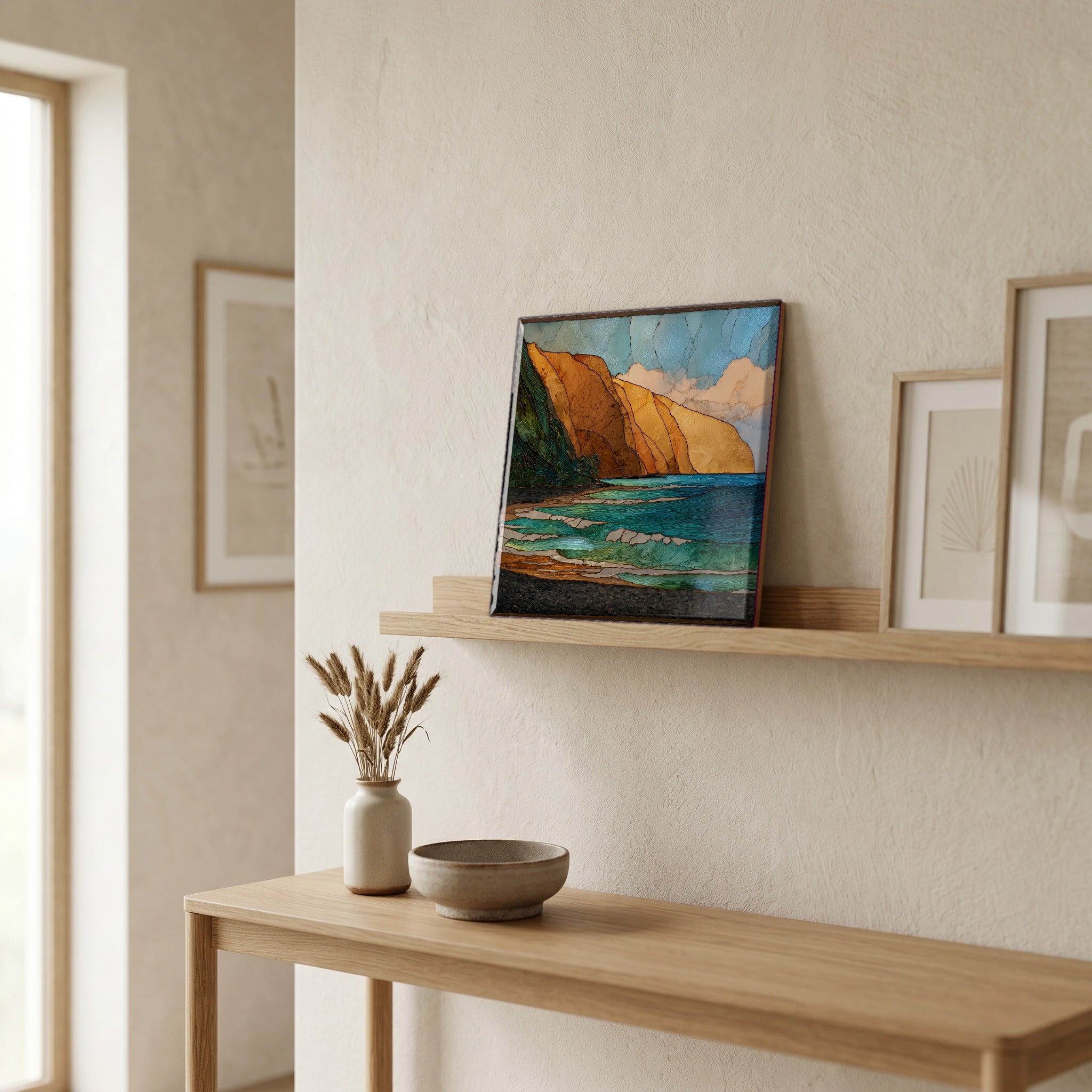 On a picture ledge, where the light comes in.