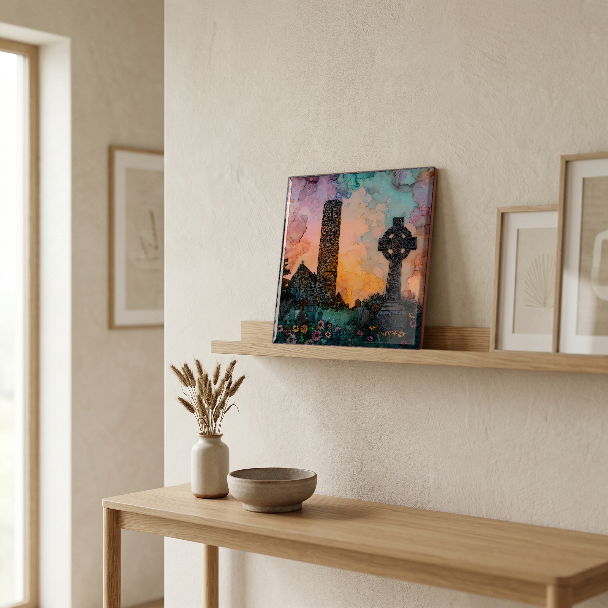 On a picture ledge, where the light comes in.