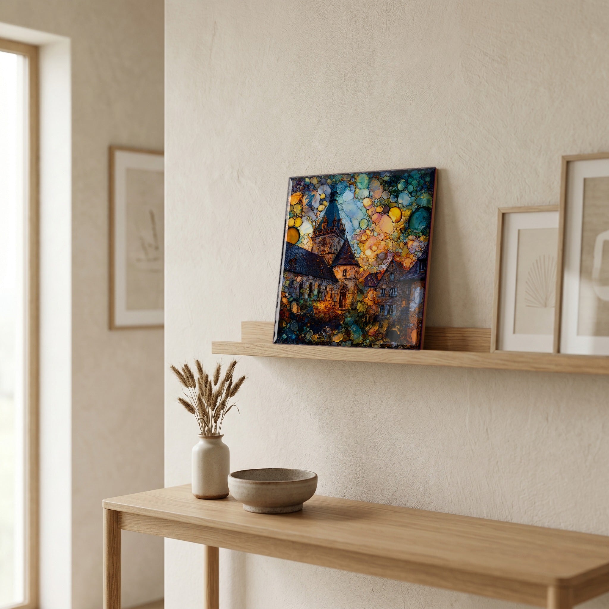 On a picture ledge, where the light comes in.