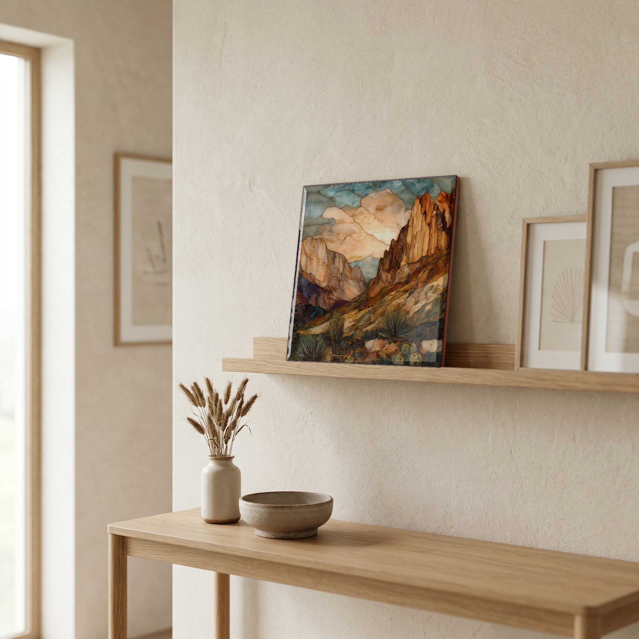 On a picture ledge, where the light comes in.
