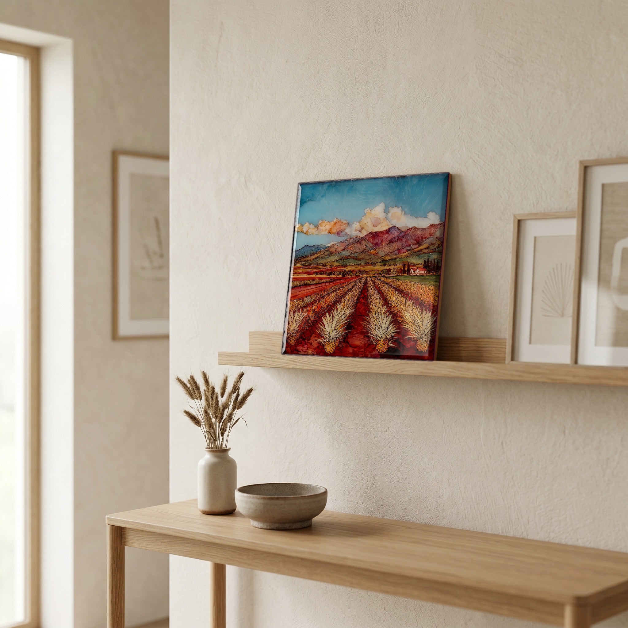 On a picture ledge, where the light comes in.