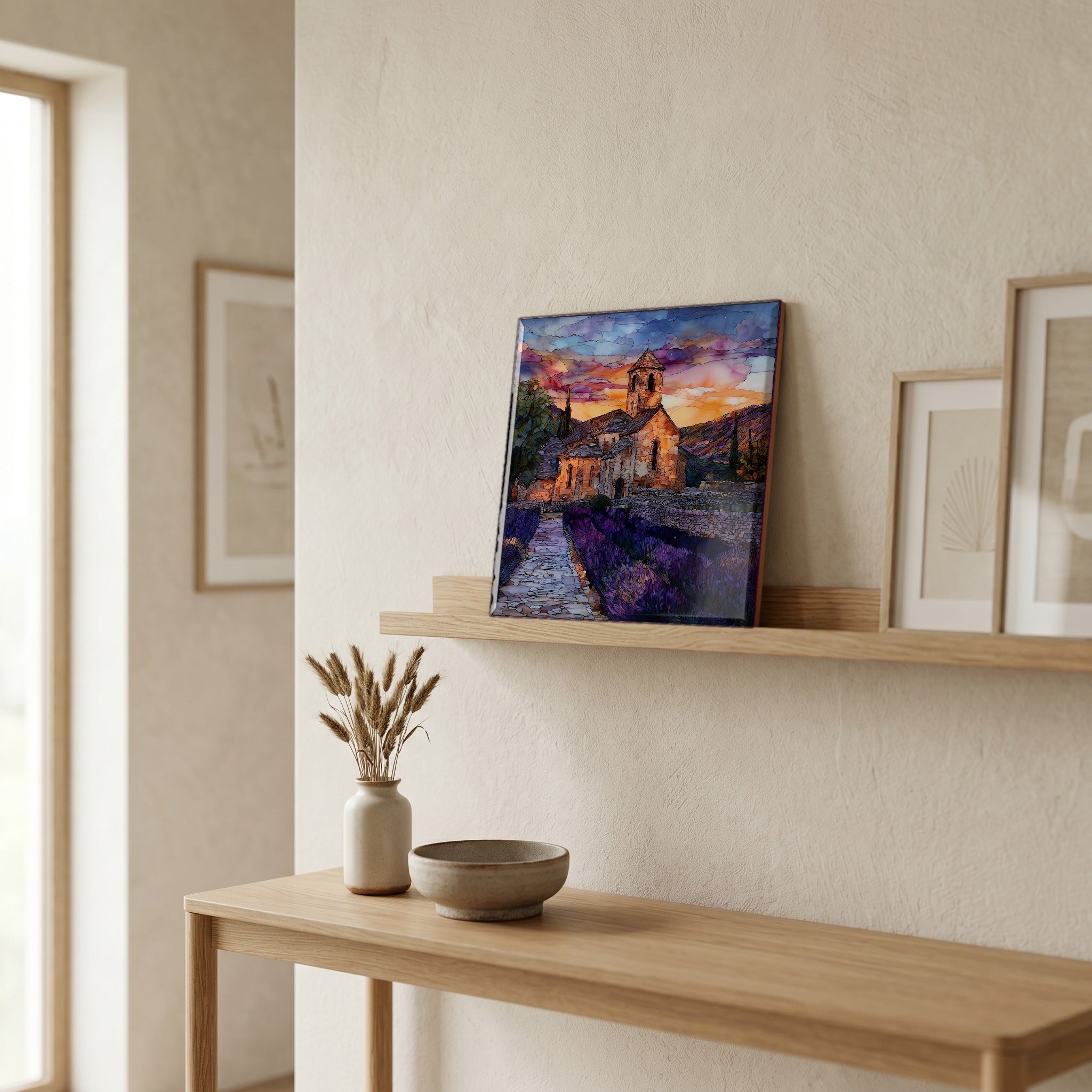 On a picture ledge, where the light comes in.