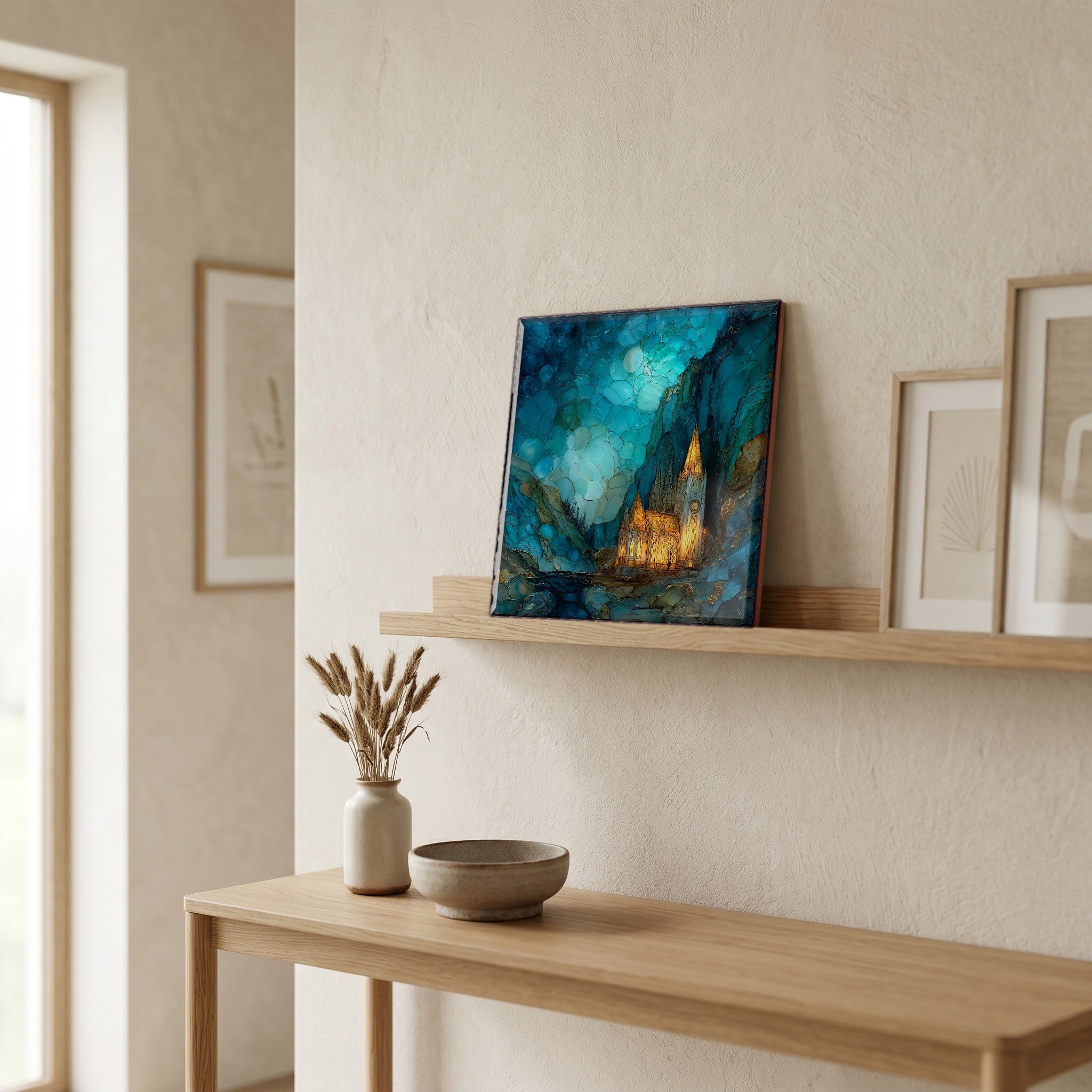 On a picture ledge, where the light comes in.