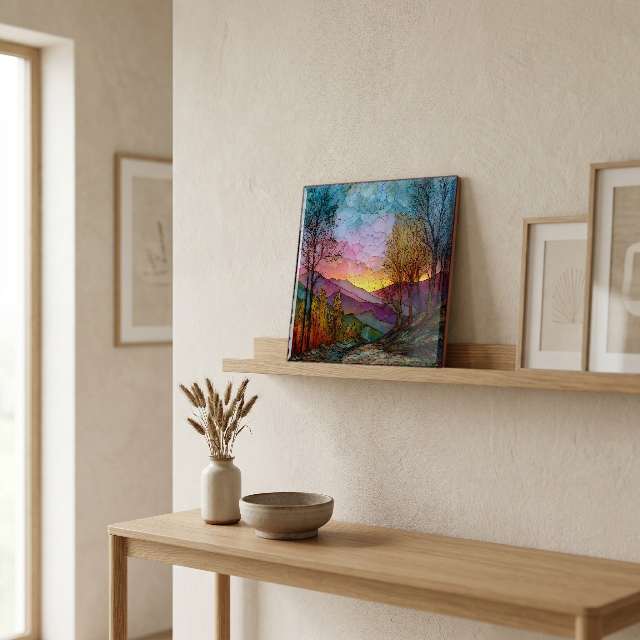 On a picture ledge, where the light comes in.