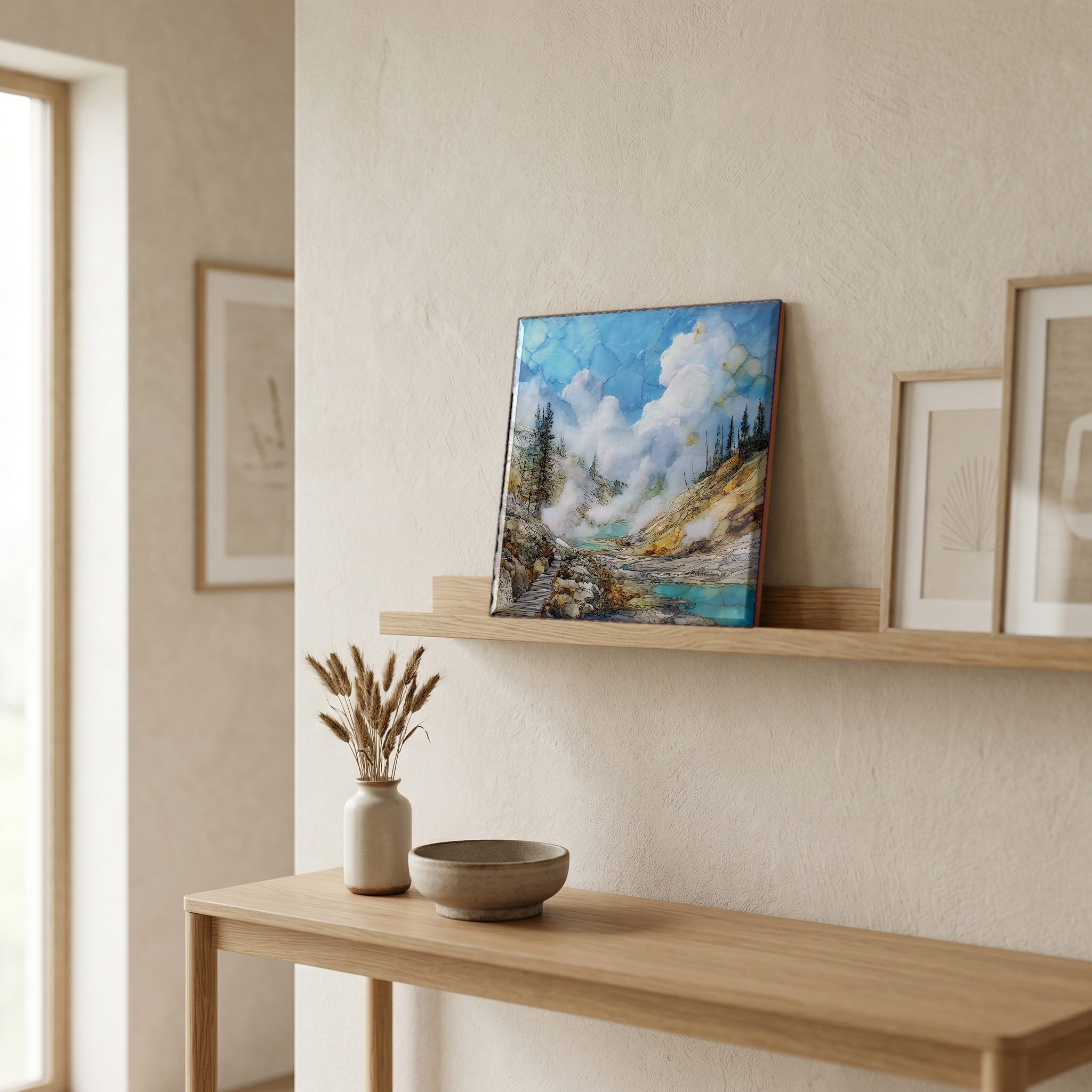 On a picture ledge, where the light comes in.