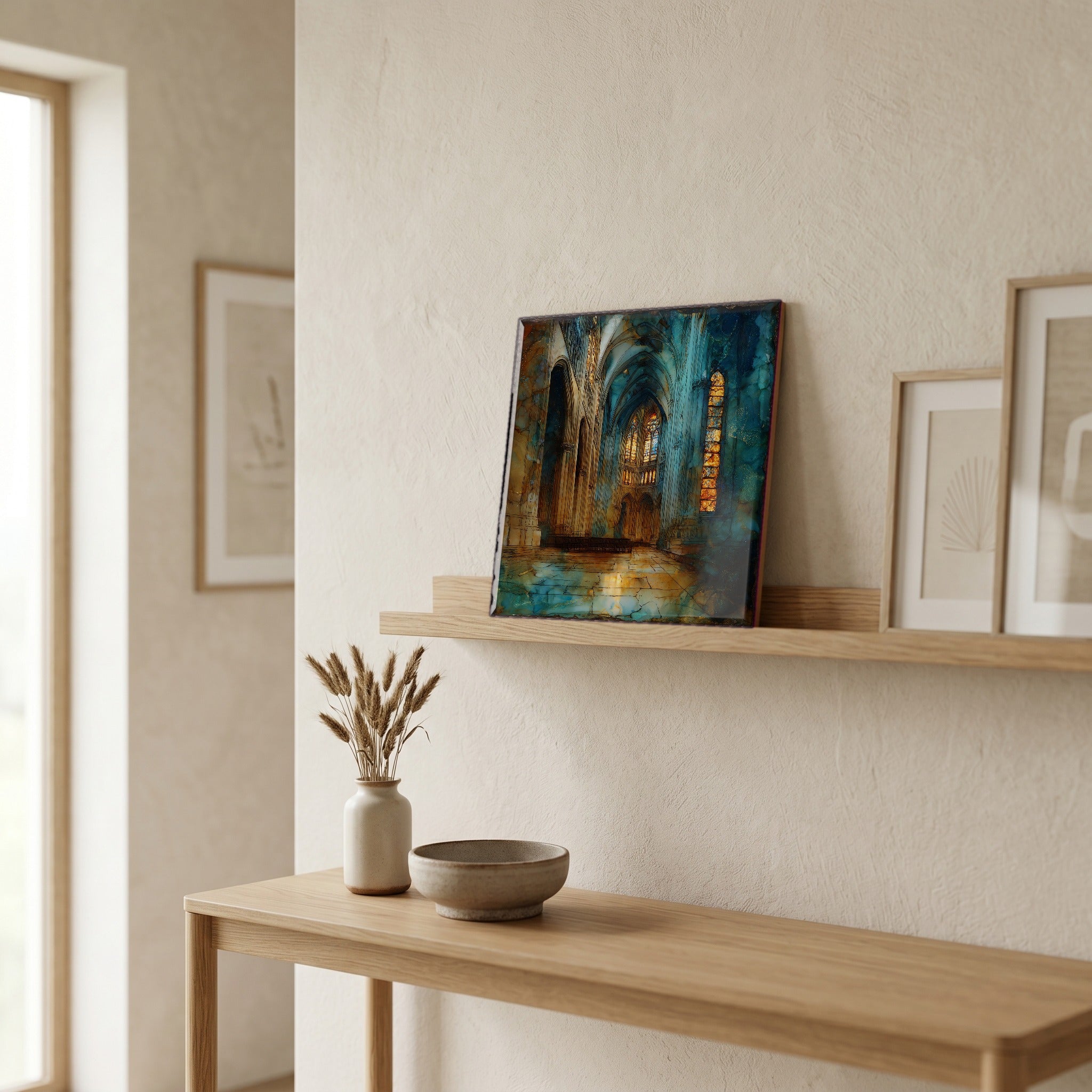On a picture ledge, where the light comes in.