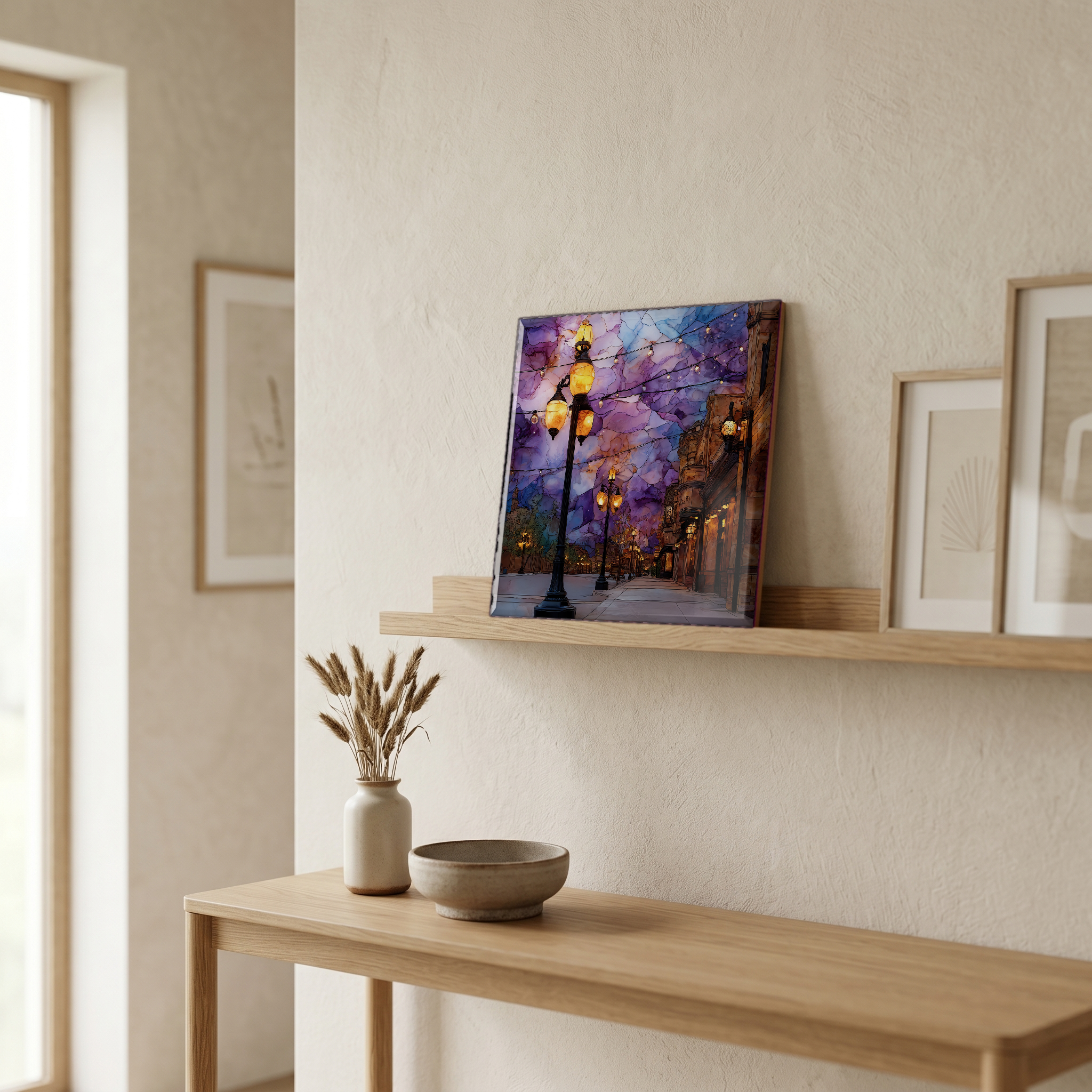 On a picture ledge, where the light comes in.