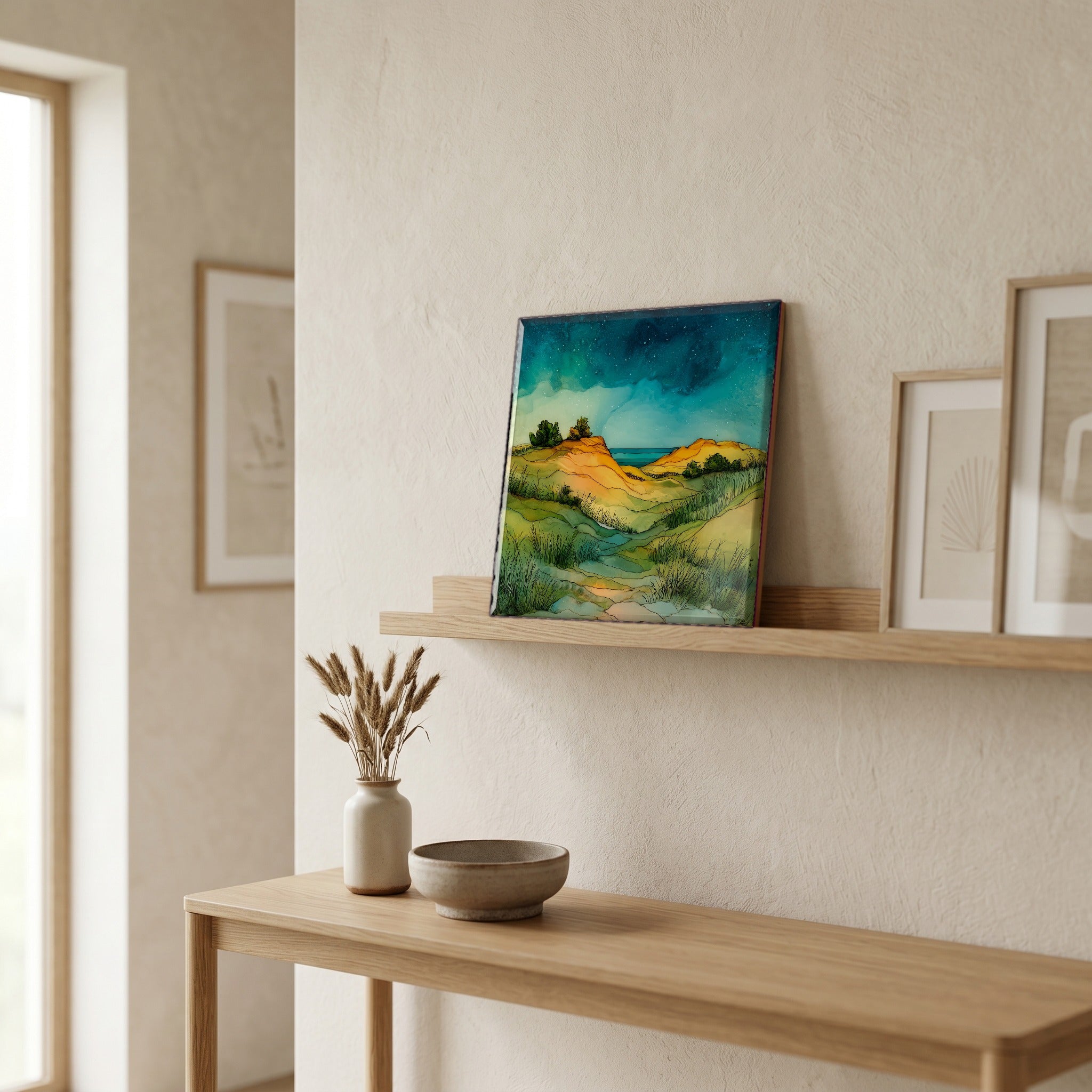 In the entryway, first thing you see.