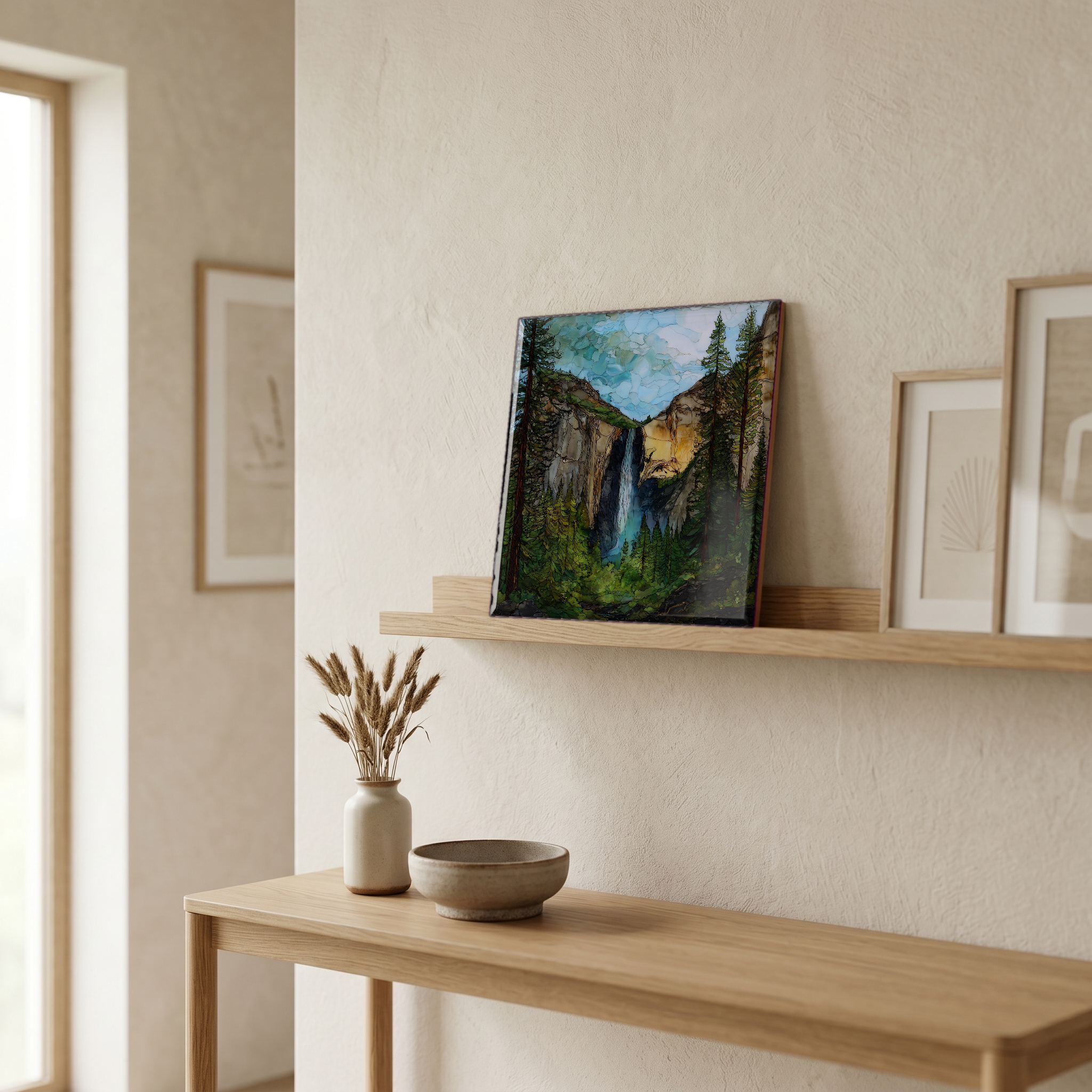 On a picture ledge, where the light comes in.
