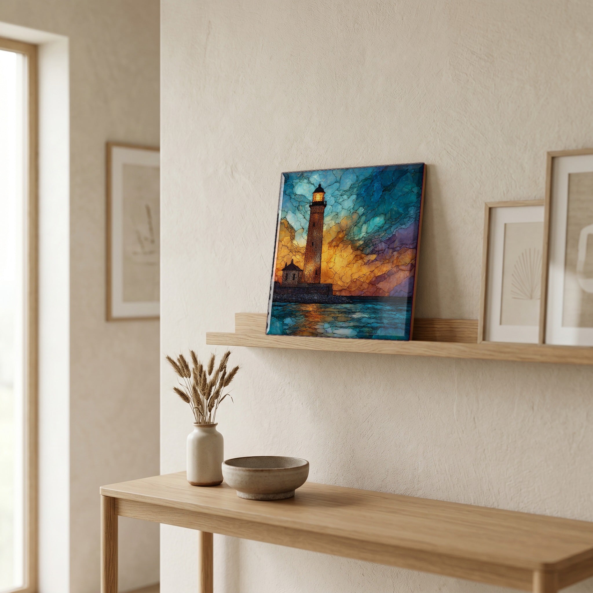 On a picture ledge, where the light comes in.