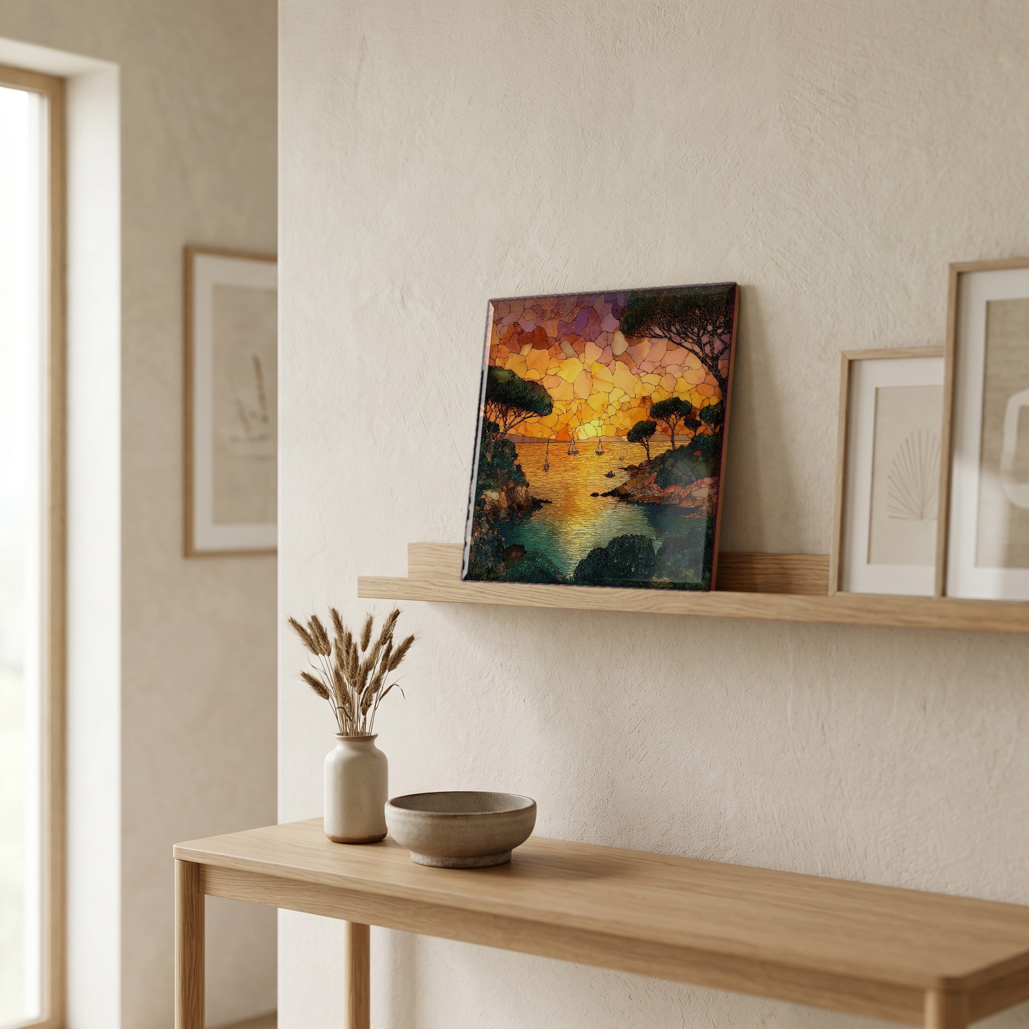 On a picture ledge, where the light comes in.